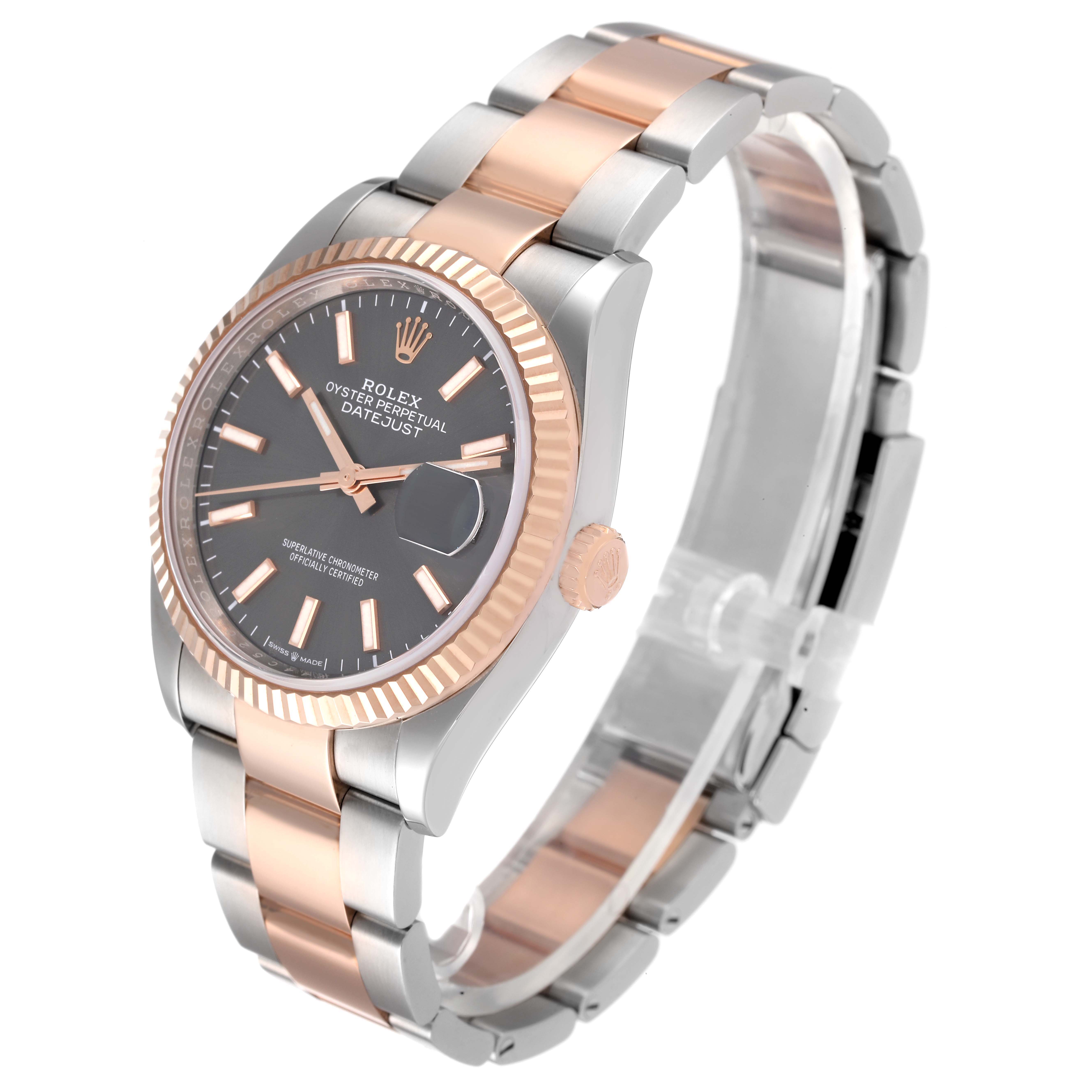 The Rolex Datejust 126231 Men's Steel and Gold (two tone) Grey Dial 126231 Men's Steel and Gold (two tone) Grey Dial watch is shown at an angle displaying its face, bezel, crown, and two-tone bracelet.