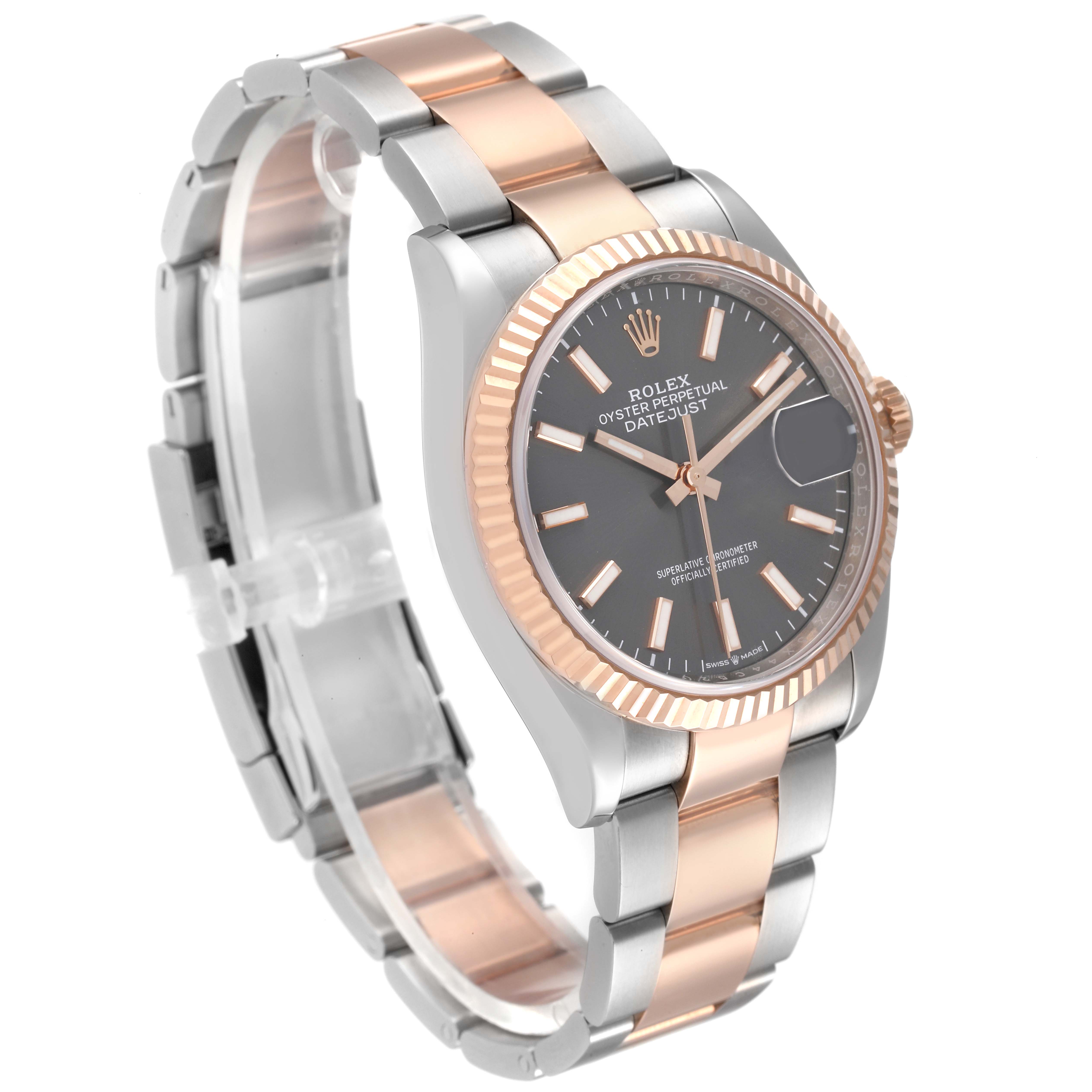 This image shows a Rolex Datejust 126231 Men's Steel and Gold (two tone) Grey Dial 126231 Men's Steel and Gold (two tone) Grey Dial watch at a three-quarter angle, showcasing the dial, bezel, and part of the bracelet.