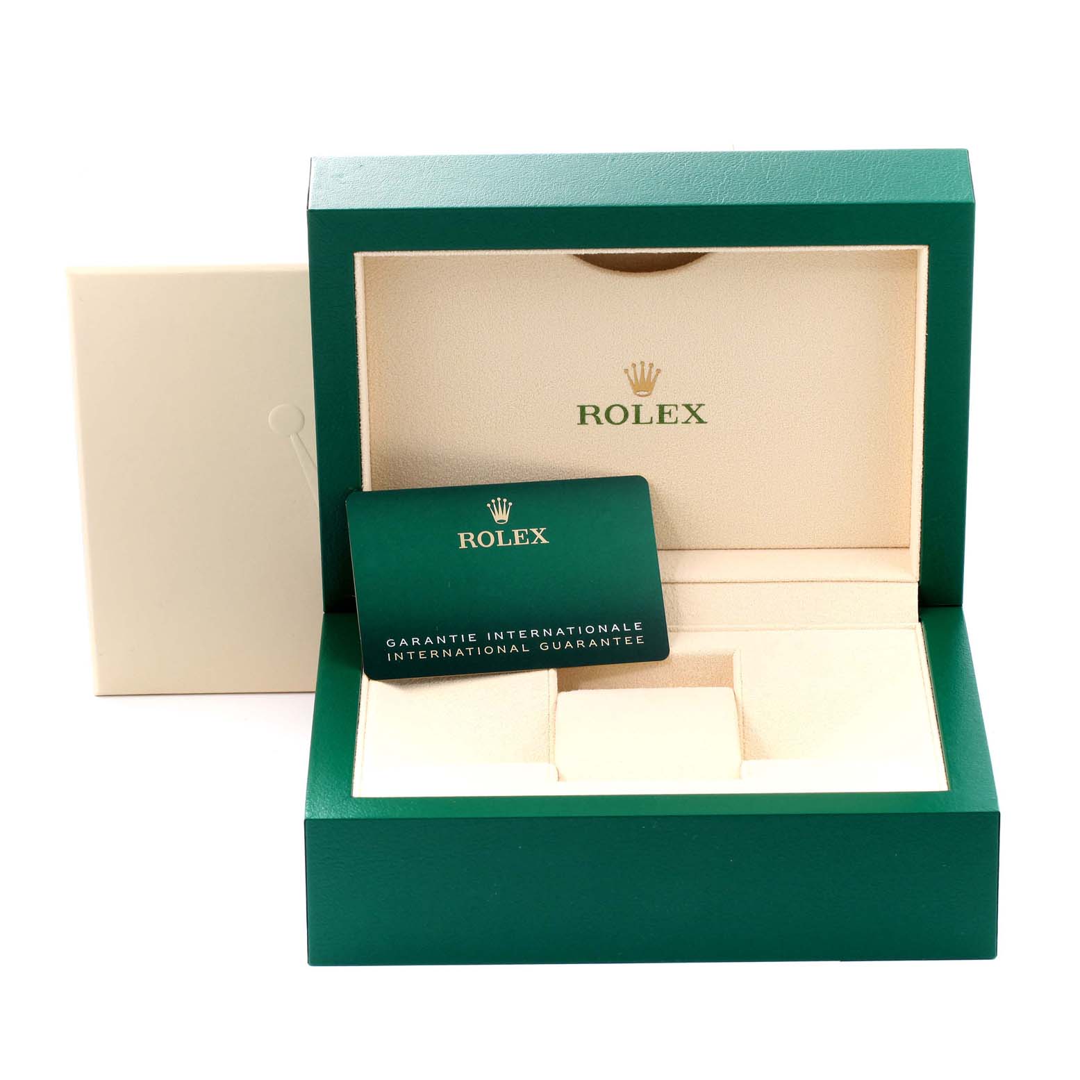 This image shows an open green Rolex Datejust 126231 Men's Steel and Gold (two tone) Grey Dial 126231 Men's Steel and Gold (two tone) Grey Dial box with a guarantee card inside.
