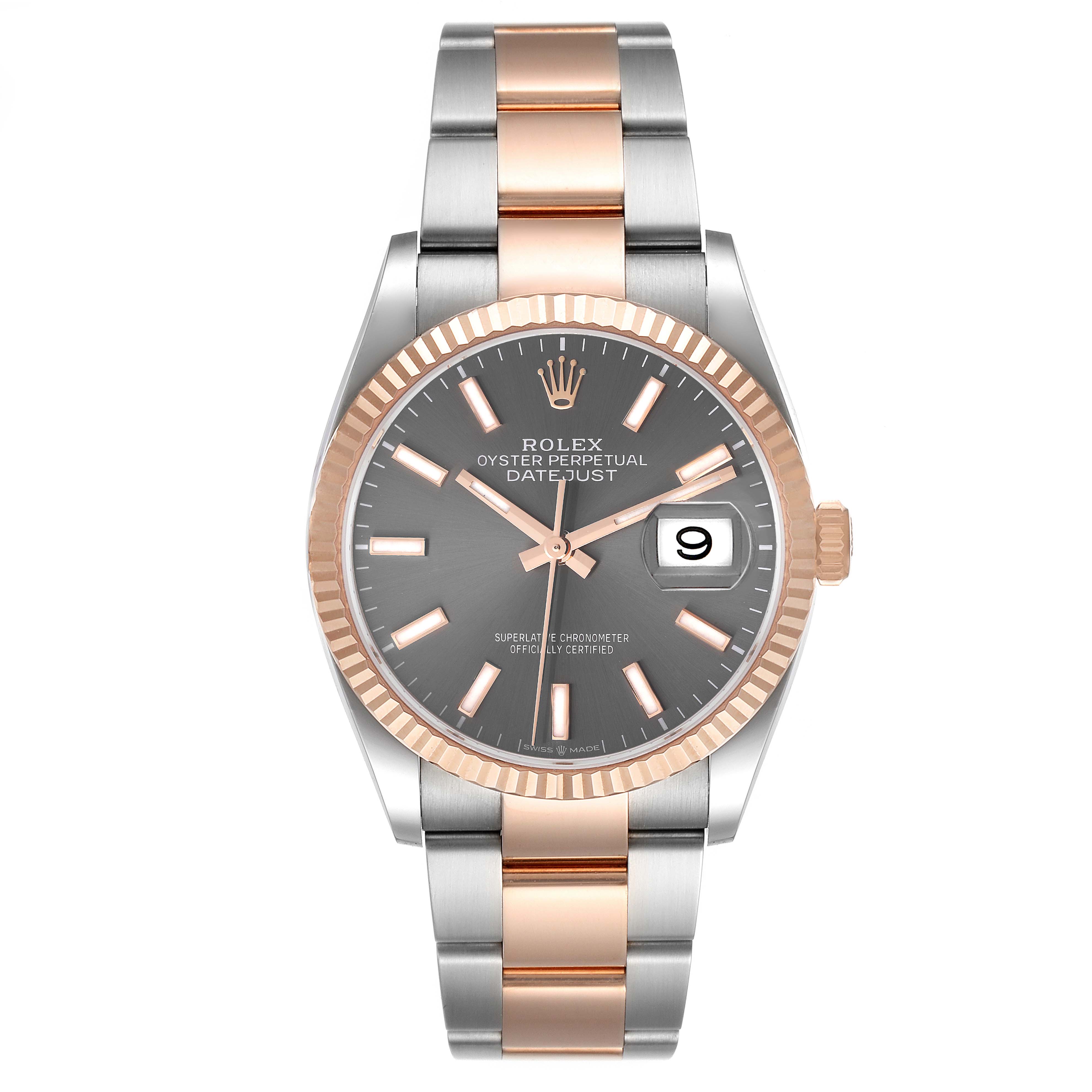This is a Rolex Datejust 126231 Men's Steel and Gold (two tone) Grey Dial 126231 Men's Steel and Gold (two tone) Grey Dial watch shown from the front, highlighting the face, crown, bezel, and bracelet.