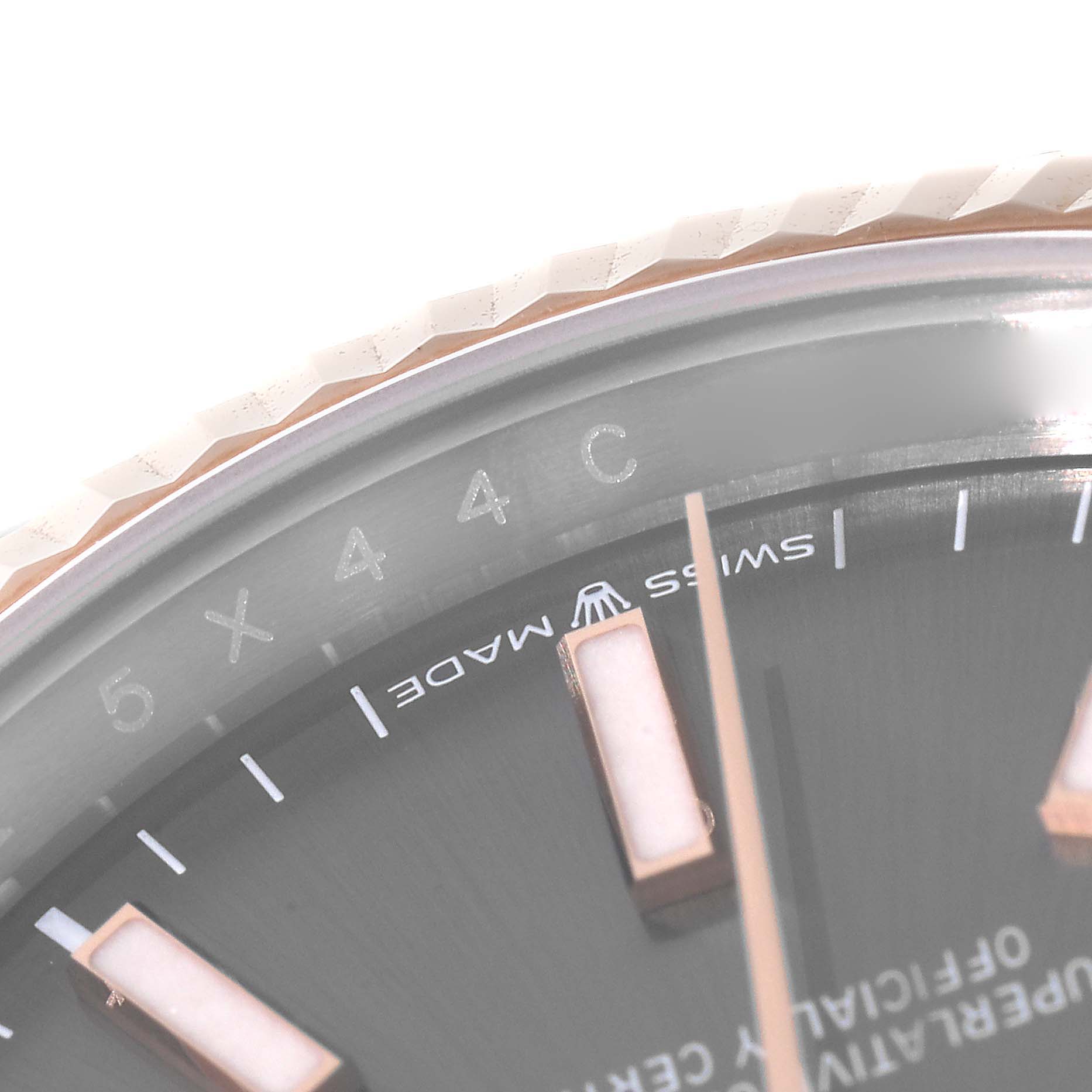 The image shows a close-up of the dial and bezel of a Rolex Datejust 126231 Men's Steel and Gold (two tone) Grey Dial 126231 Men's Steel and Gold (two tone) Grey Dial watch.
