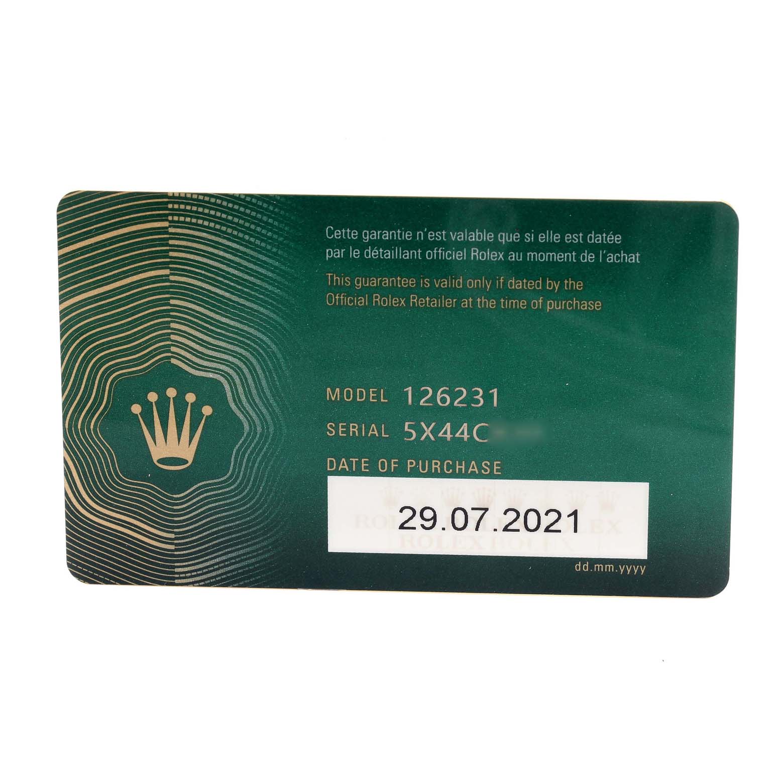 This image shows the warranty card for a Rolex Datejust 126231 Men's Steel and Gold (two tone) Grey Dial 126231 Men's Steel and Gold (two tone) Grey Dial model 126231, displaying the model and serial numbers, and date of purchase.