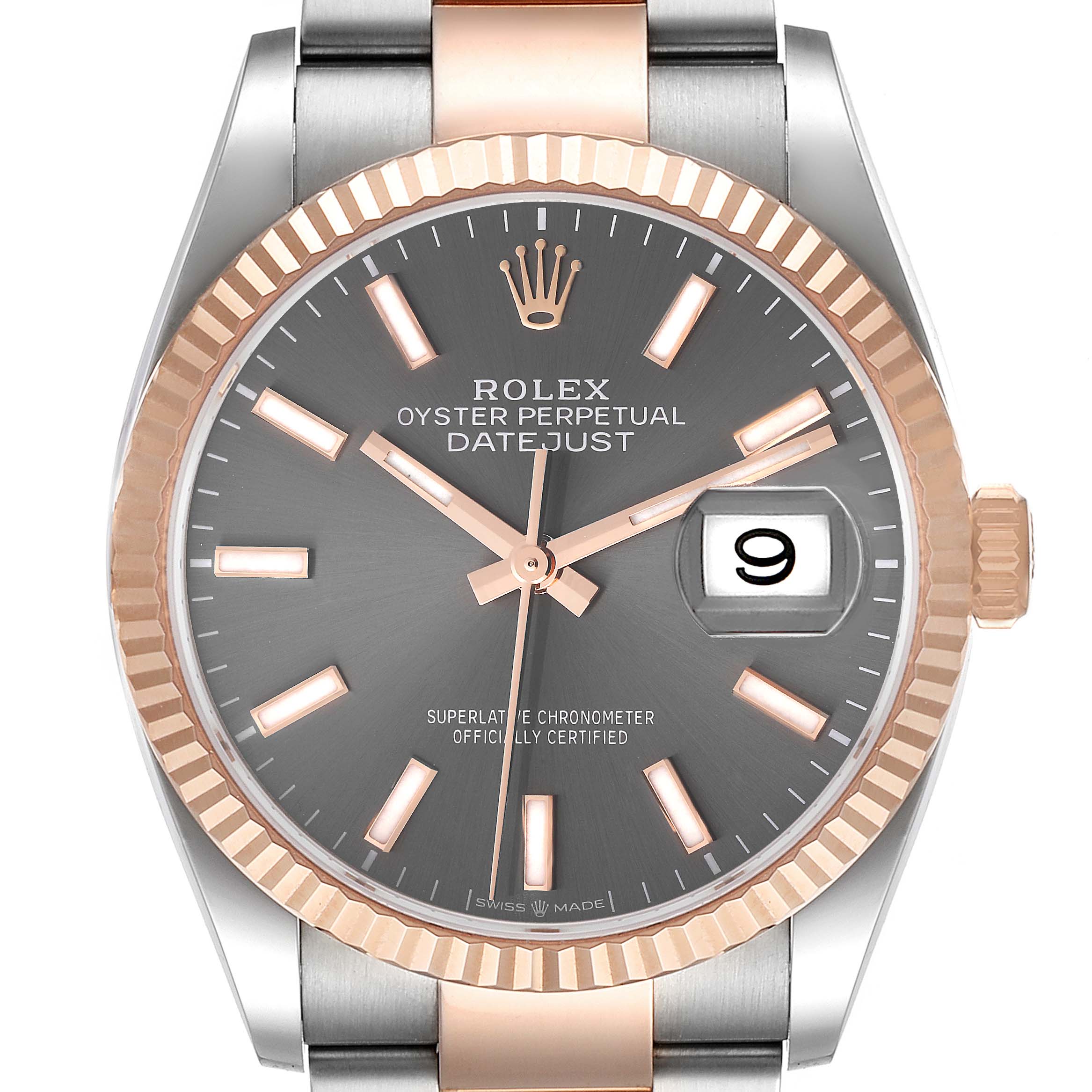 The image shows the front view of a Rolex Datejust 126231 Men's Steel and Gold (two tone) Grey Dial 126231 Men's Steel and Gold (two tone) Grey Dial, highlighting the dial, hands, date window, bezel, and part of the bracelet.