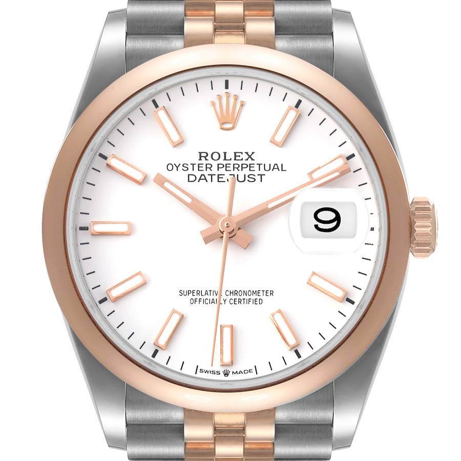 Rolex Datejust 36 Steel EveRose Gold Silver White Dial Watch 126201 Unworn SwissWatchExpo