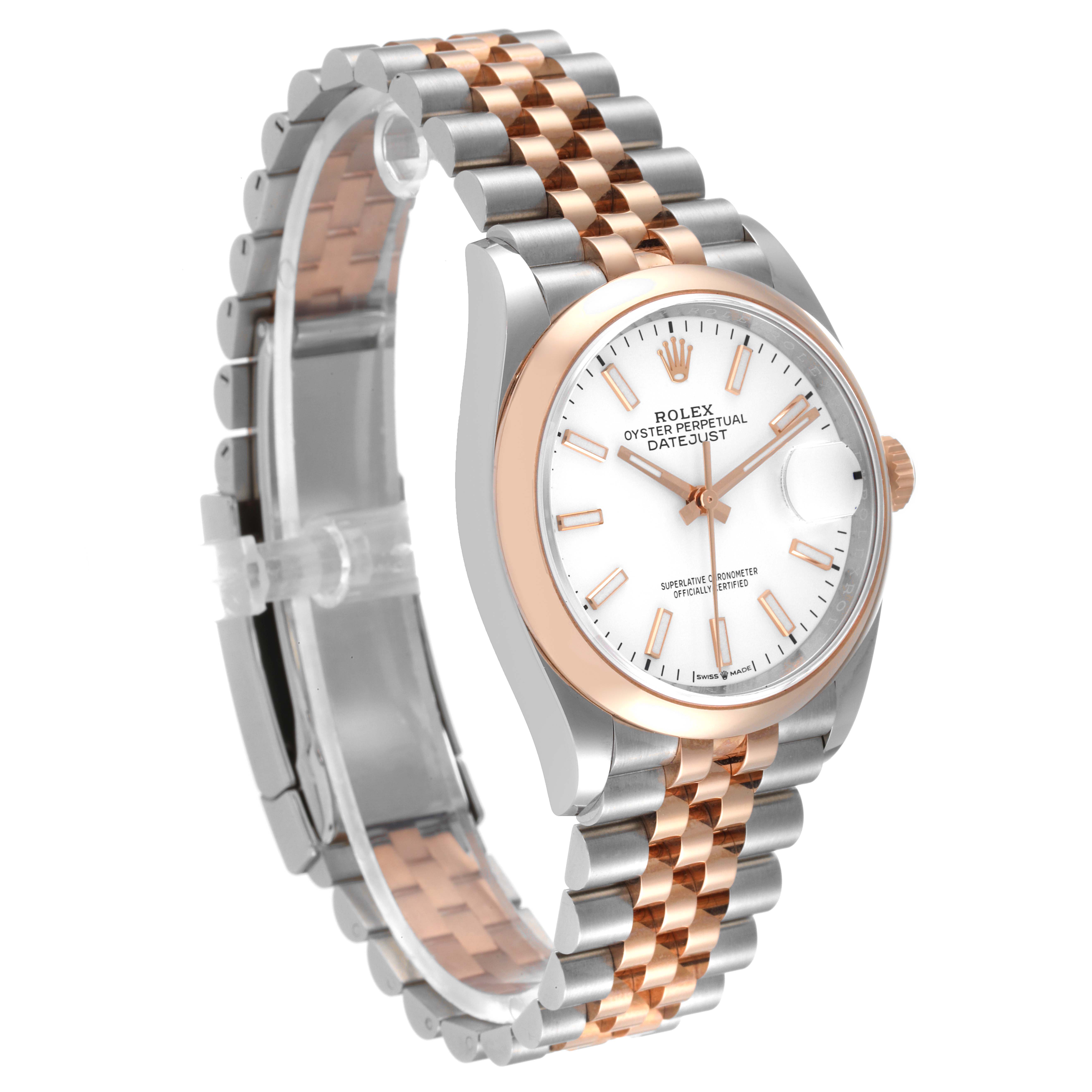 The Rolex Datejust 126201 Men's Steel and Gold (two tone) White Dial 126201 Men's Steel and Gold (two tone) White Dial is shown at a three-quarter angle, highlighting its two-tone bracelet, white dial, and date window.