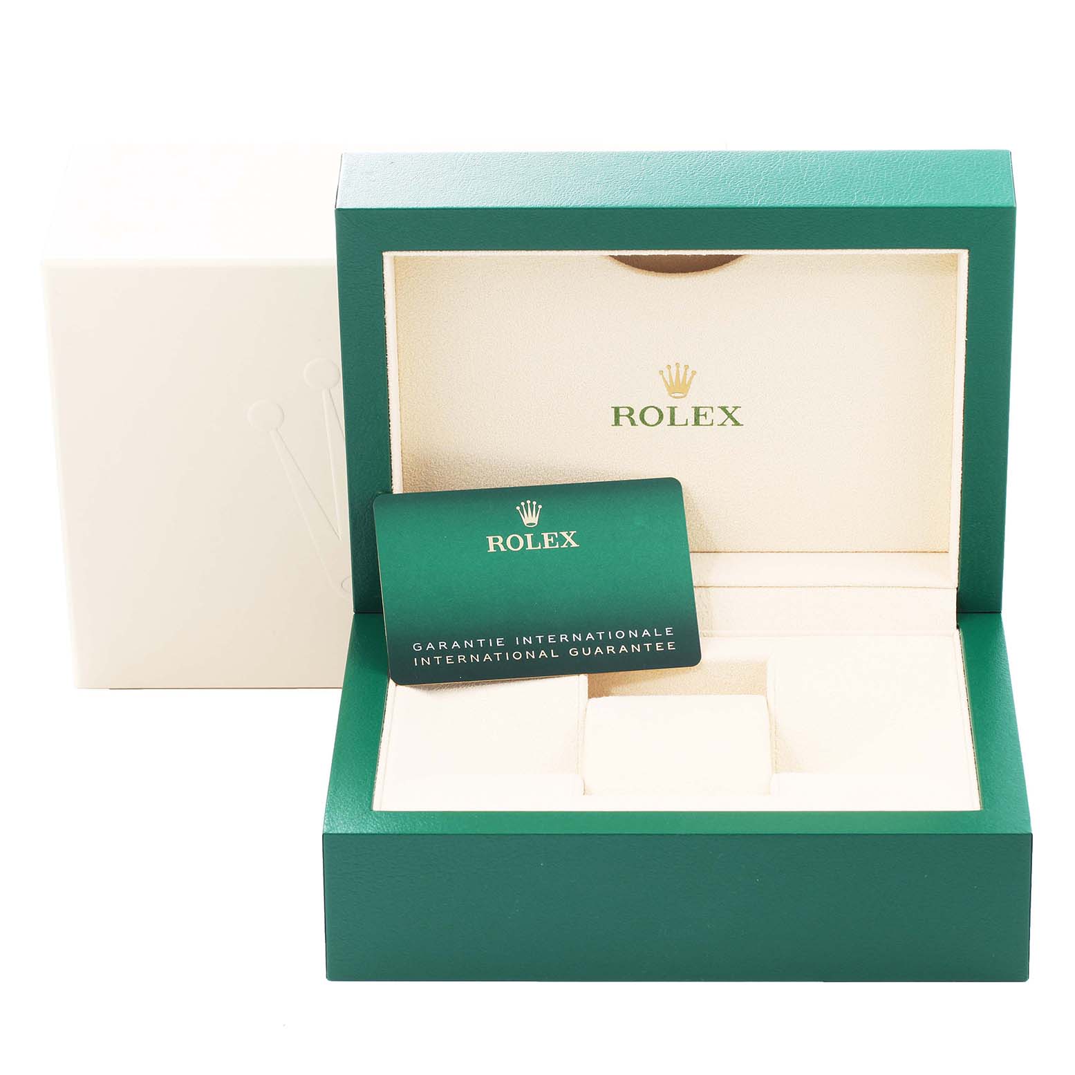 This image shows the open box and international guarantee card for a Rolex Datejust 126201 Men's Steel and Gold (two tone) White Dial 126201 Men's Steel and Gold (two tone) White Dial watch.