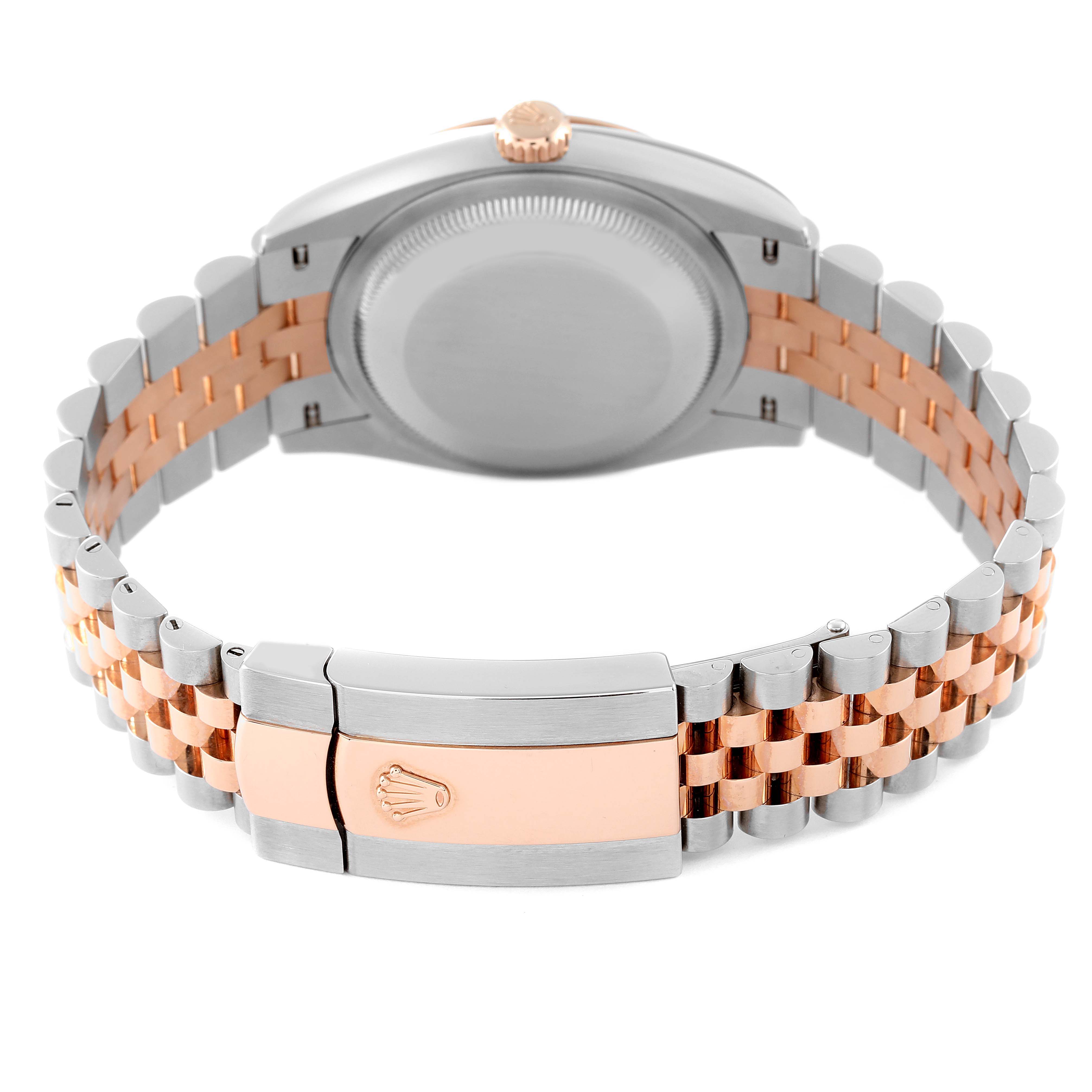 The image shows the back view of a Rolex Datejust 126201 Men's Steel and Gold (two tone) White Dial 126201 Men's Steel and Gold (two tone) White Dial watch with a two-tone bracelet and clasp.