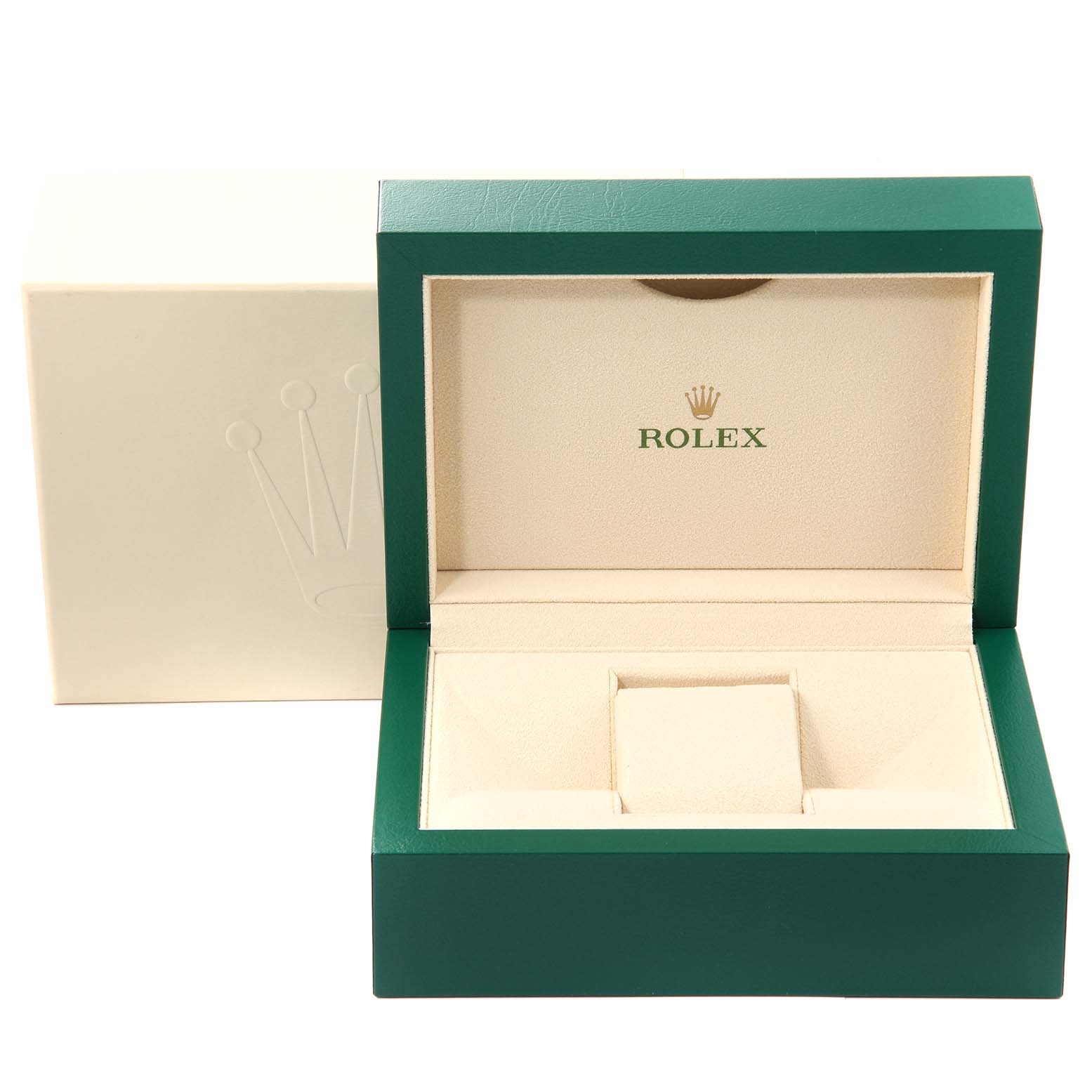 The image shows the open display box for a Rolex Datejust 126281 Men's Steel and Gold (two tone) Pink Dial 126281 Men's Steel and Gold (two tone) Pink Dial watch, with a green exterior and beige interior.