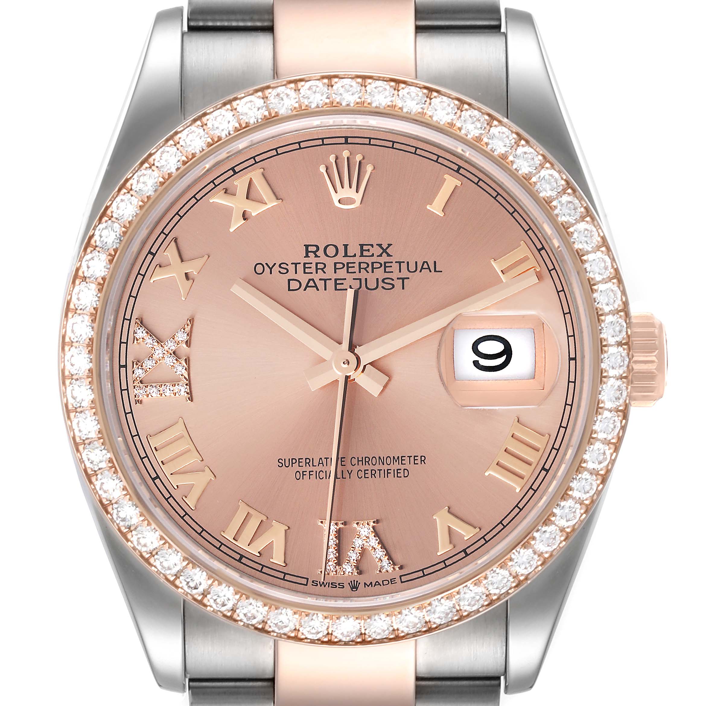 This image shows a close-up front view of the dial and bezel of a Rolex Datejust 126281 Men's Steel and Gold (two tone) Pink Dial 126281 Men's Steel and Gold (two tone) Pink Dial watch.
