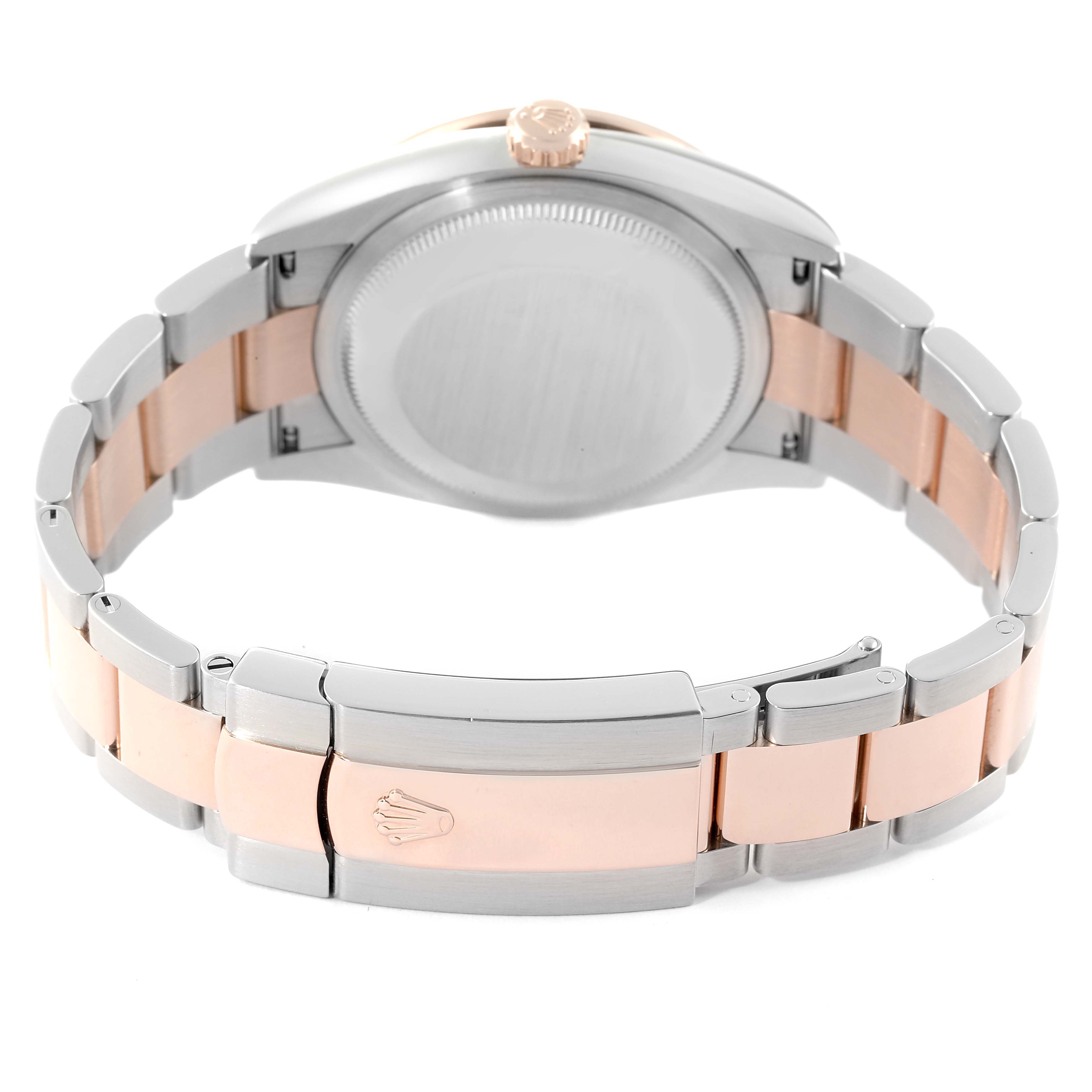 This image shows the back view of a Rolex Datejust 126281 Men's Steel and Gold (two tone) Pink Dial 126281 Men's Steel and Gold (two tone) Pink Dial watch, highlighting its case back, crown, and two-tone metal bracelet.