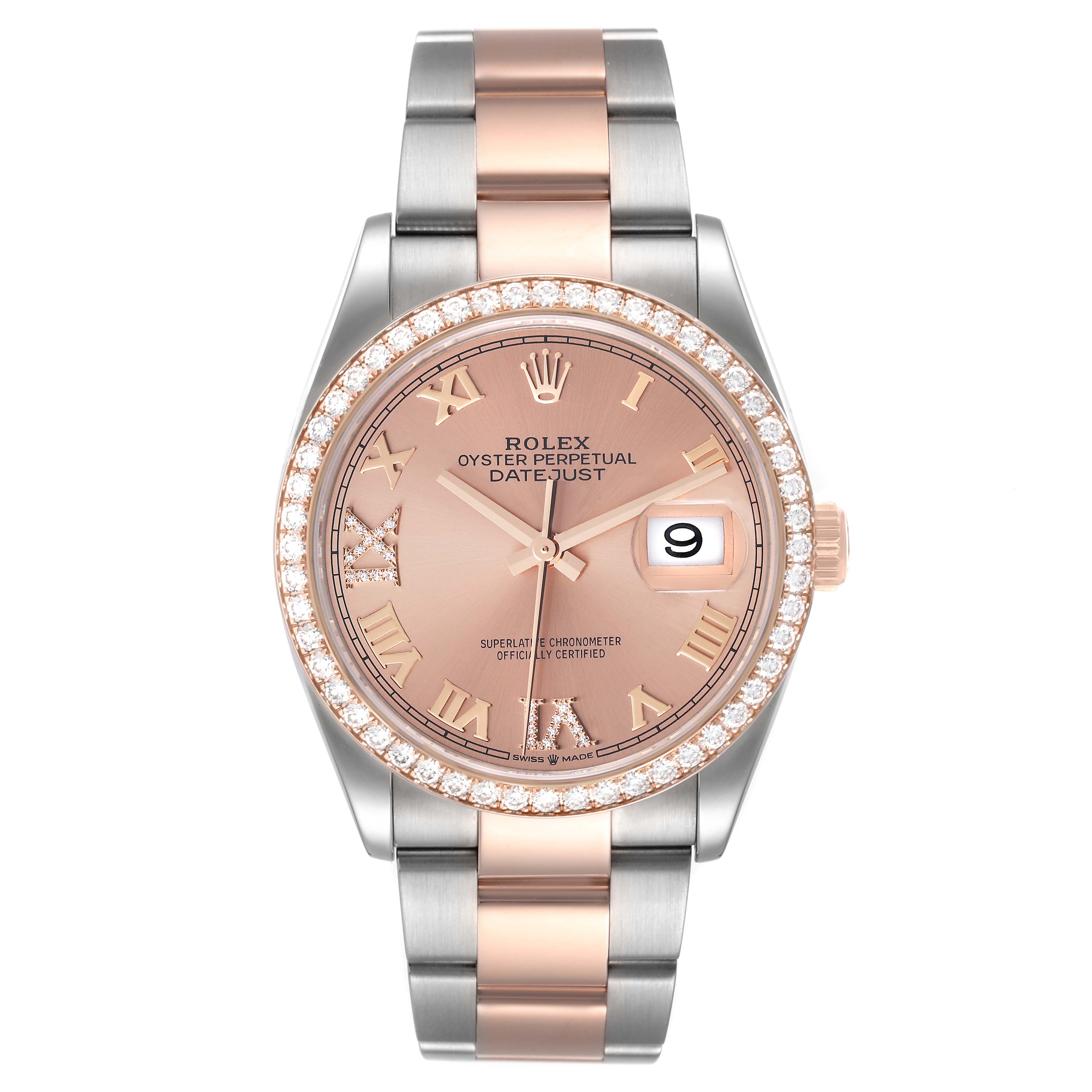 The Rolex Datejust 126281 Men's Steel and Gold (two tone) Pink Dial 126281 Men's Steel and Gold (two tone) Pink Dial watch is shown from a front angle, displaying the dial, case, bezel, and part of the bracelet.