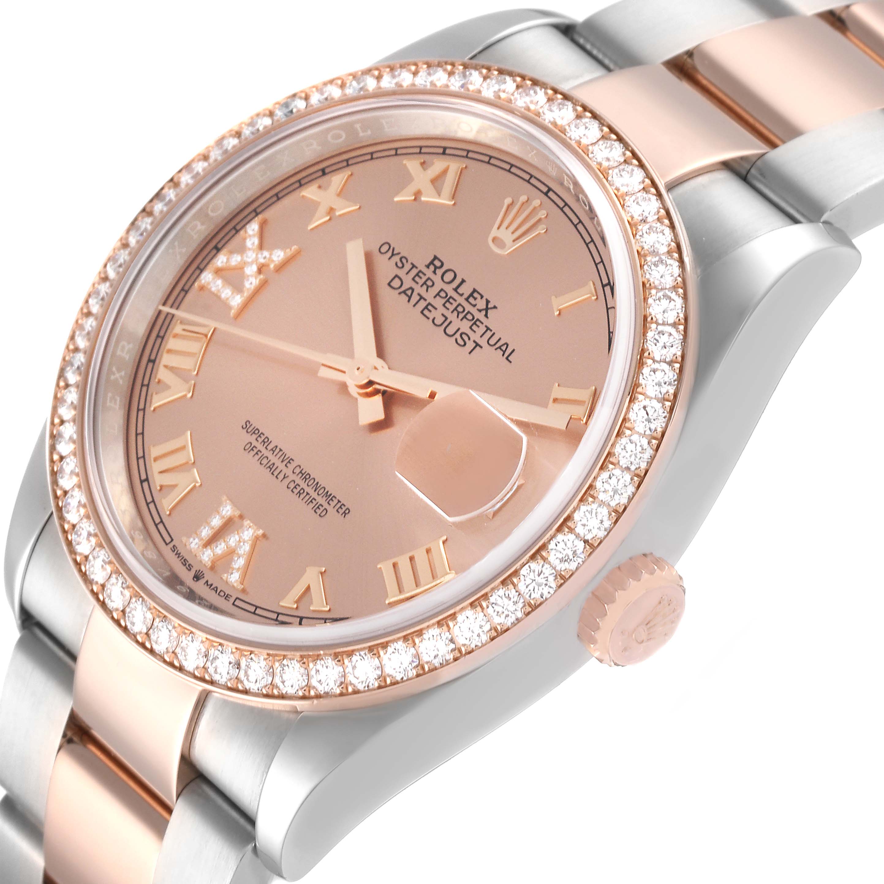 The image shows a close-up angled view of a Rolex Datejust 126281 Men's Steel and Gold (two tone) Pink Dial 126281 Men's Steel and Gold (two tone) Pink Dial watch, highlighting the dial, bezel, and part of the bracelet.