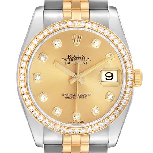 Photo of Rolex Datejust 36 Steel Yellow Gold Champagne Dial Diamond Mens Watch 116243 Box