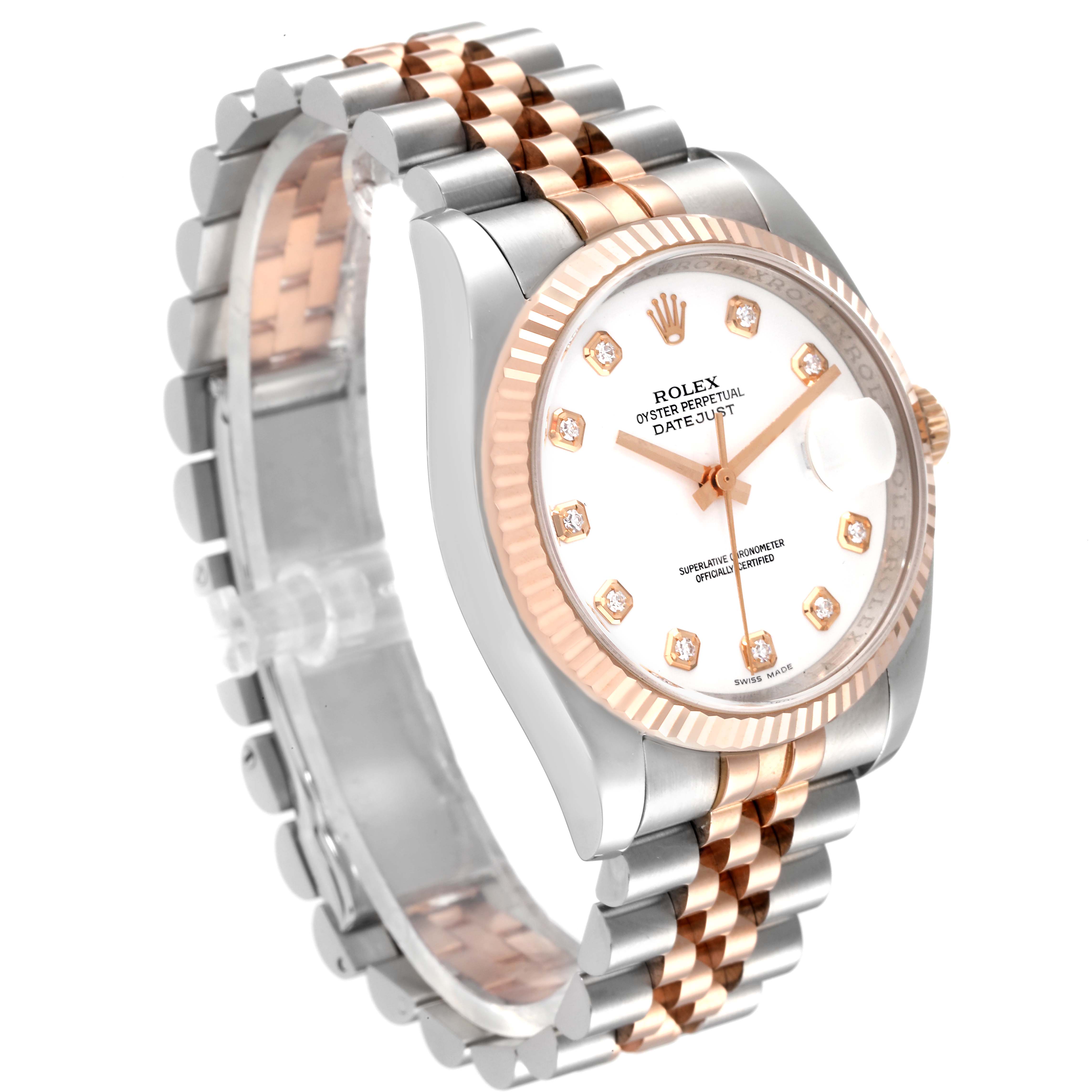 The Rolex Datejust 116231 Men's Steel and Gold (two tone) White Dial 116231 Men's Steel and Gold (two tone) White Dial watch is shown at an angled view, highlighting the face, bezel, and two-tone bracelet.