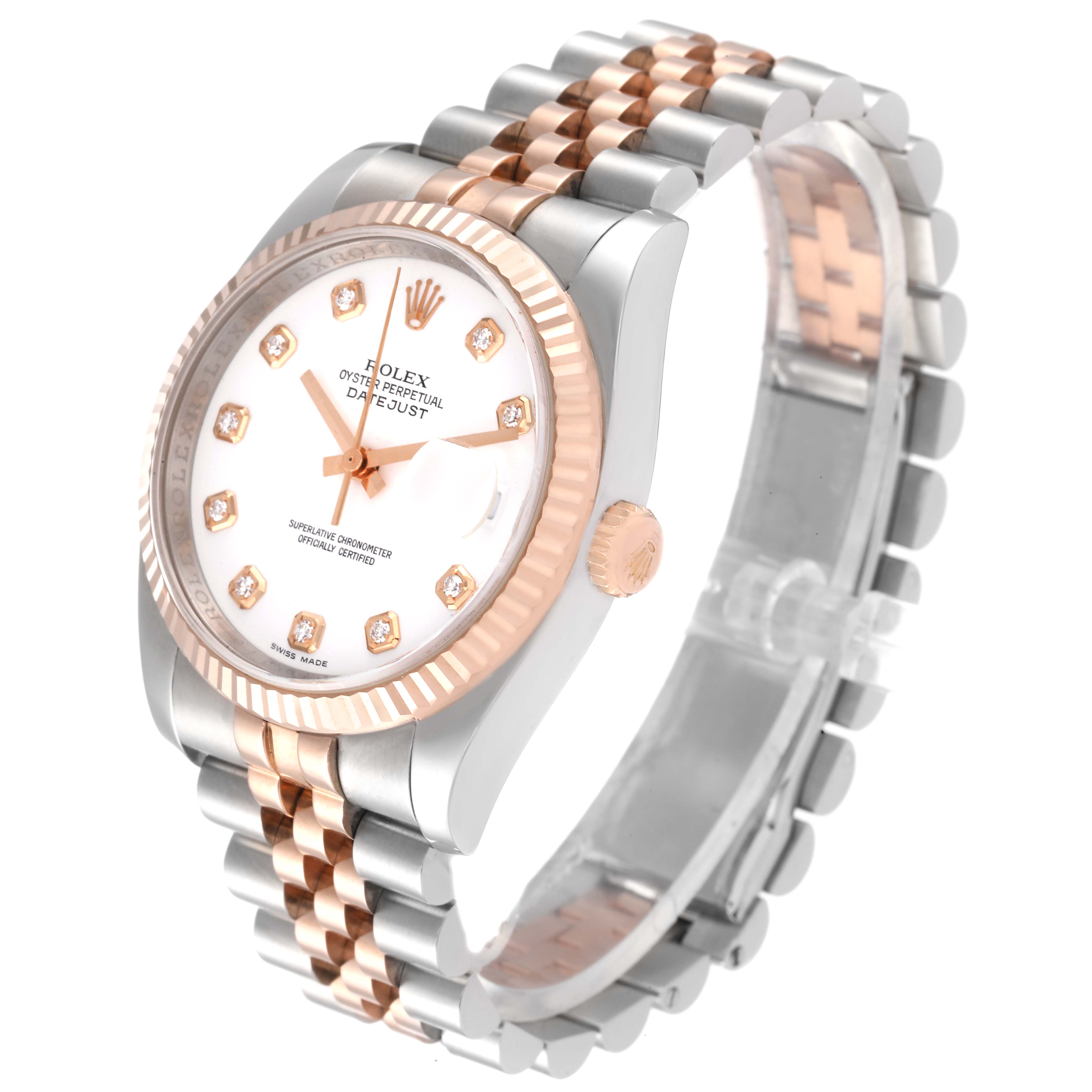 The image shows a Rolex Datejust 116231 Men's Steel and Gold (two tone) White Dial 116231 Men's Steel and Gold (two tone) White Dial watch at an angled view highlighting the bezel, dial, crown, and Jubilee bracelet.