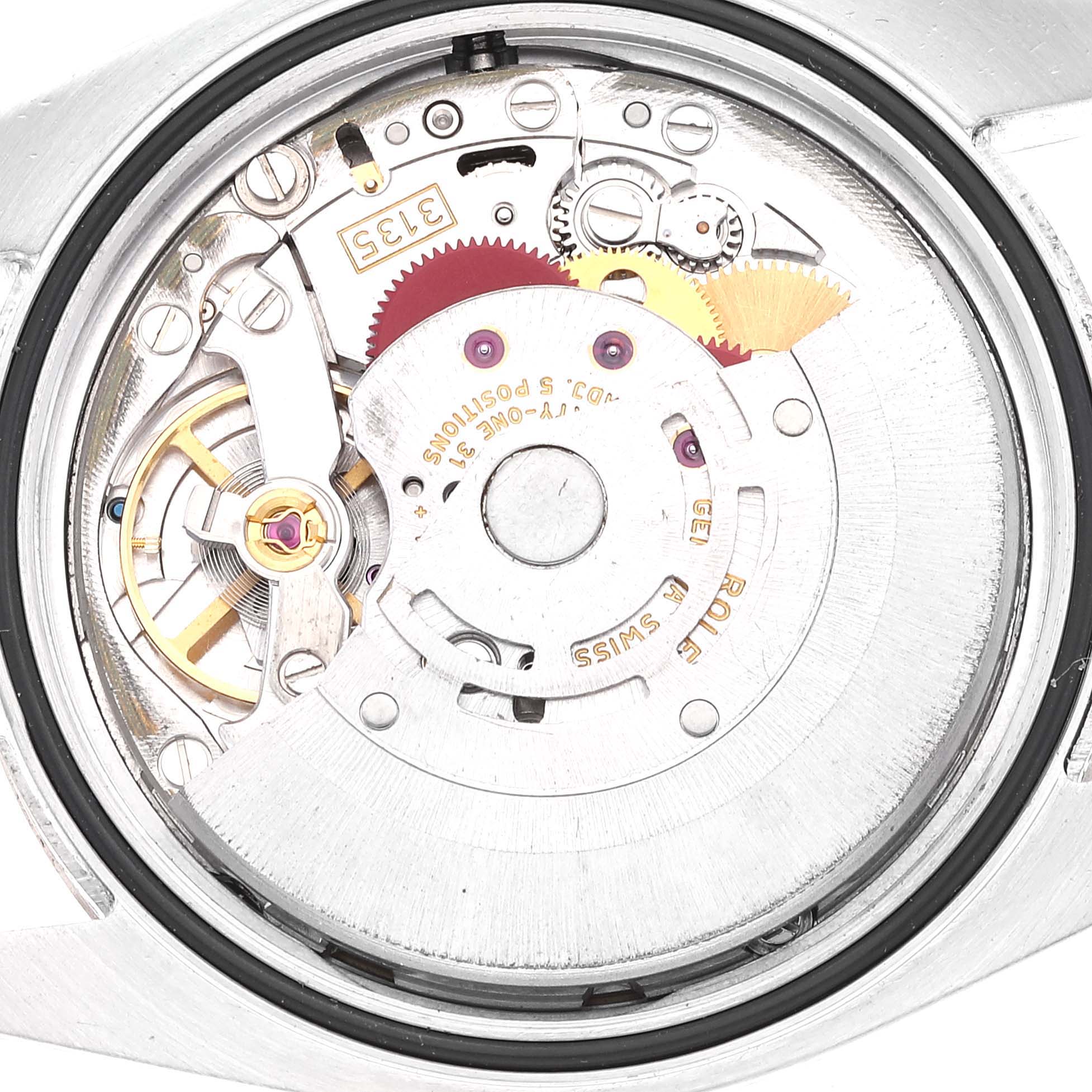 This image shows the internal mechanical movement of a Rolex Datejust 116231 Men's Steel and Gold (two tone) White Dial 116231 Men's Steel and Gold (two tone) White Dial watch viewed from the back.