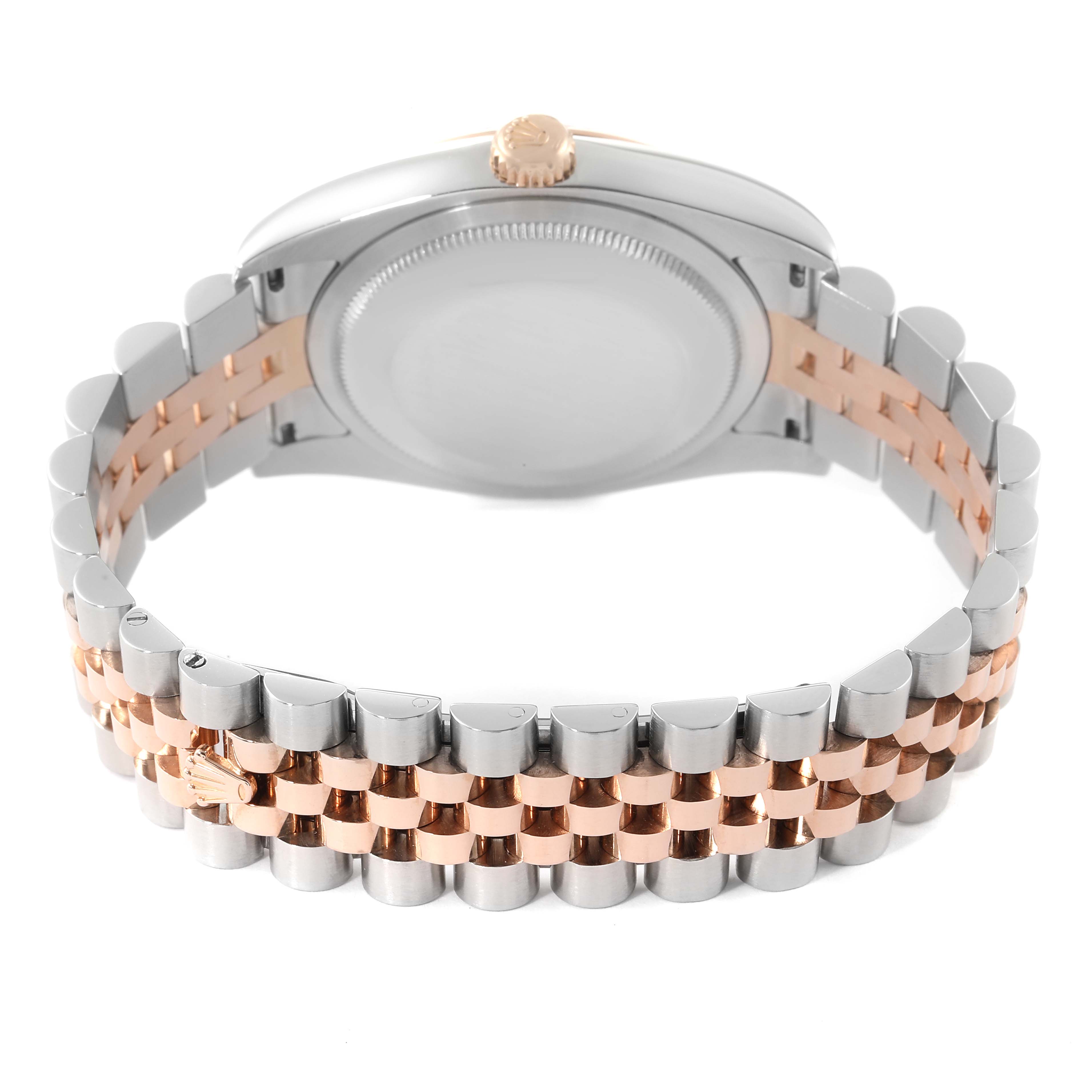 The image shows the back of a Rolex Datejust 116231 Men's Steel and Gold (two tone) White Dial 116231 Men's Steel and Gold (two tone) White Dial watch, highlighting its two-tone bracelet and case back.