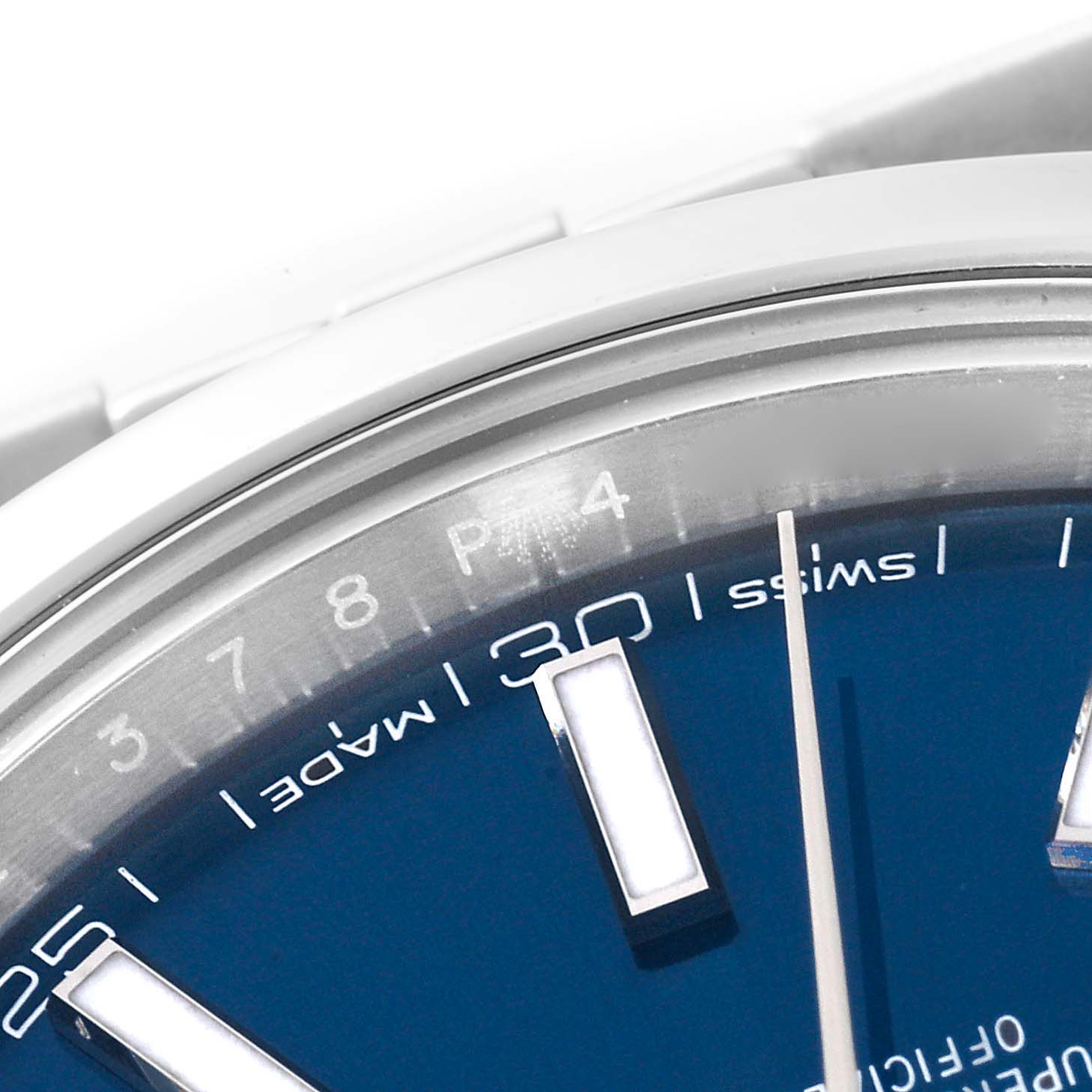 This image shows a close-up of the dial and bezel of a Rolex Datejust 41 126300 Men's Stainless Steel Blue Dial 126300 Men's Stainless Steel Blue Dial watch, focusing on the indices and hour markers.