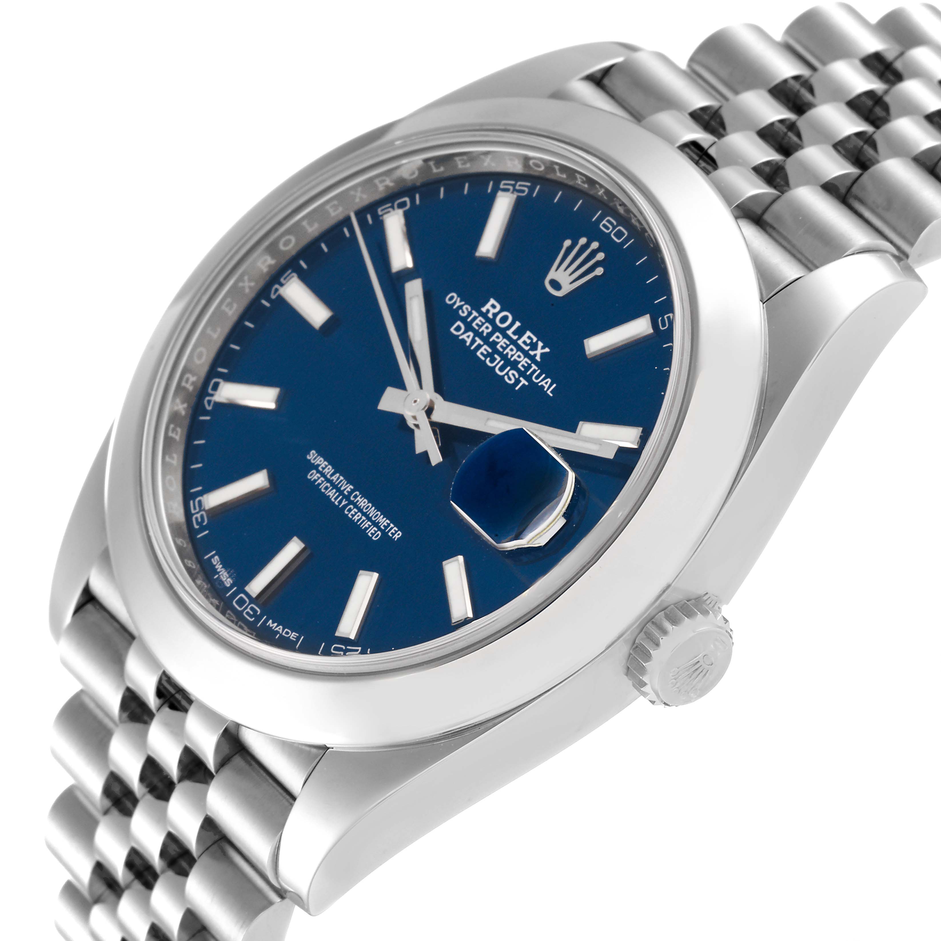 The image shows a Rolex Datejust 41 126300 Men's Stainless Steel Blue Dial 126300 Men's Stainless Steel Blue Dial watch from a side angle, highlighting its blue dial, bezel, crown, and Jubilee bracelet.