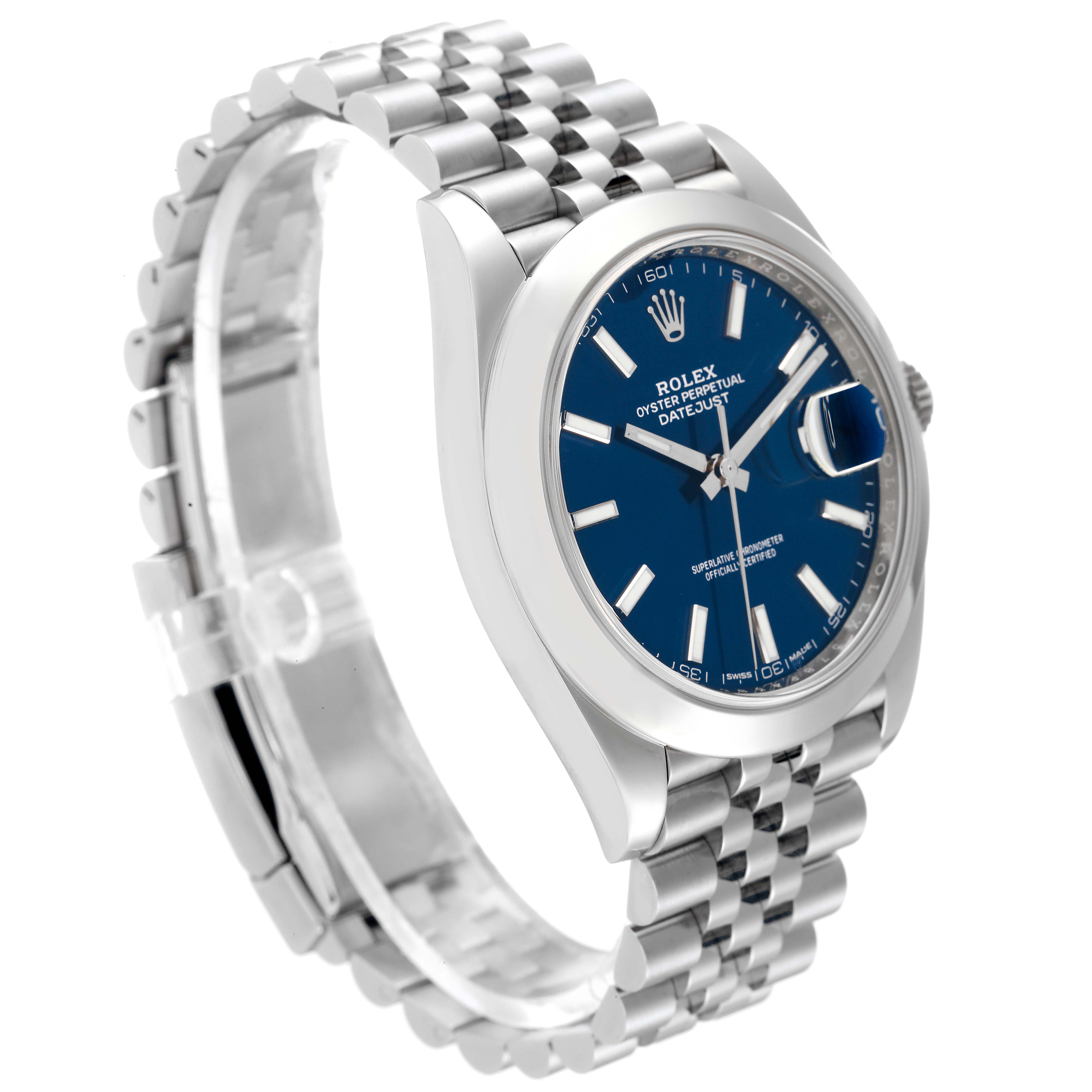 The image shows a Rolex Datejust 41 126300 Men's Stainless Steel Blue Dial 126300 Men's Stainless Steel Blue Dial watch at a three-quarter angle, highlighting its blue dial, stainless steel case, and bracelet.