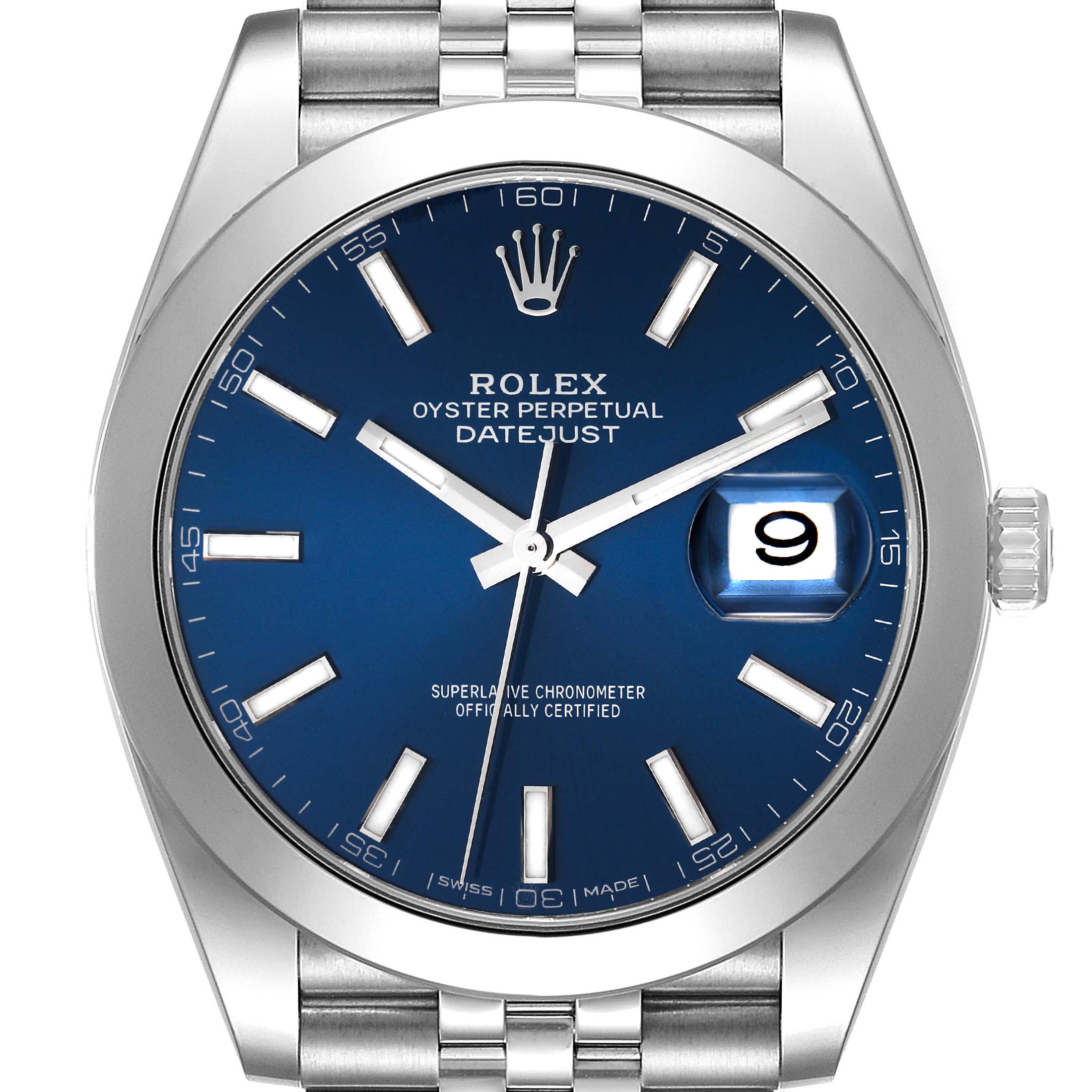 This image shows a frontal view of a Rolex Datejust 41 126300 Men's Stainless Steel Blue Dial 126300 Men's Stainless Steel Blue Dial watch with a blue dial and date display.