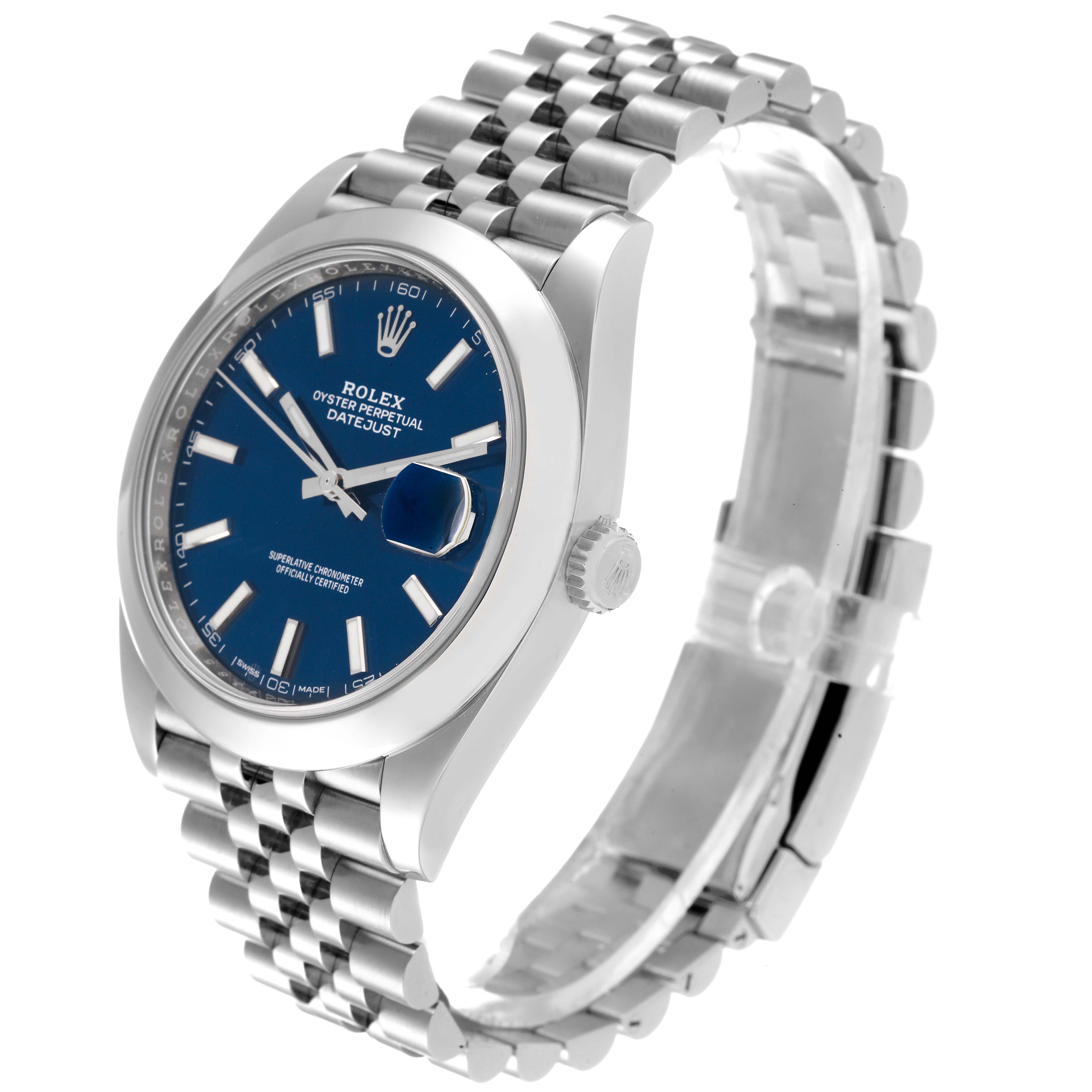 The Rolex Datejust 41 126300 Men's Stainless Steel Blue Dial 126300 Men's Stainless Steel Blue Dial watch is shown at a three-quarter angle, displaying the face, crown, and bracelet.