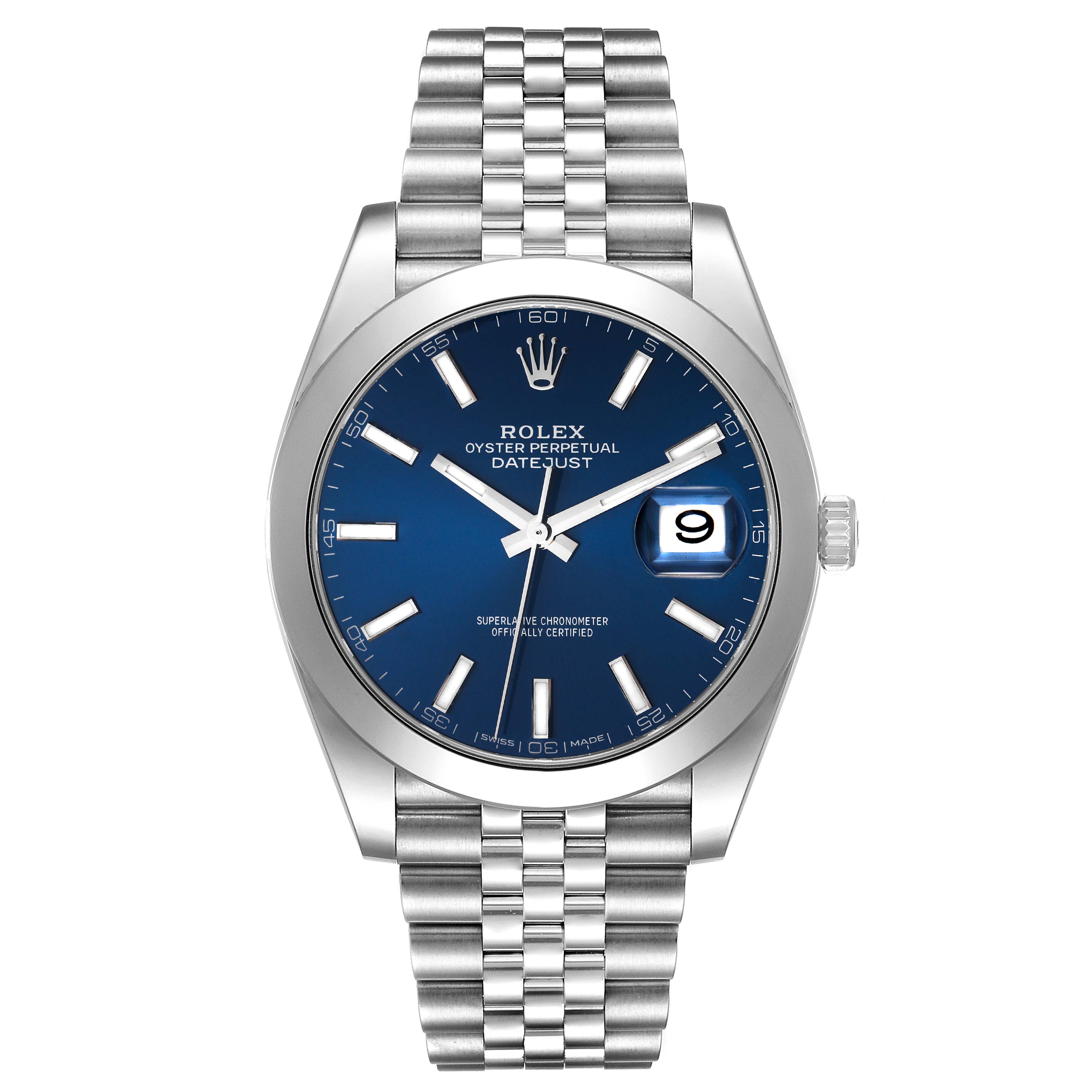 The image shows a frontal view of the Rolex Datejust 41 126300 Men's Stainless Steel Blue Dial 126300 Men's Stainless Steel Blue Dial watch, highlighting its blue dial, date window, and Jubilee bracelet.