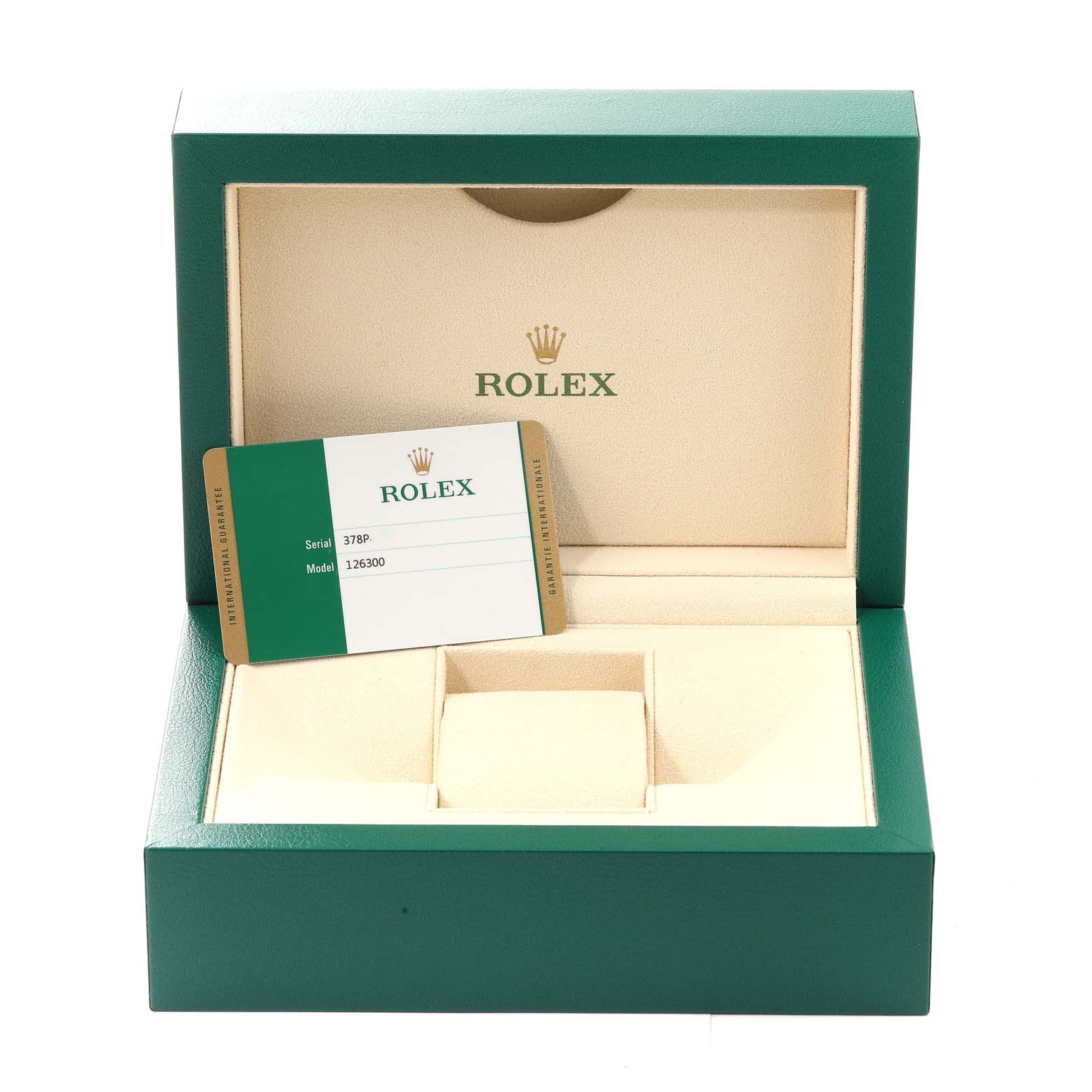 The image shows an open Rolex Datejust 41 126300 Men's Stainless Steel Blue Dial 126300 Men's Stainless Steel Blue Dial box with a warranty card inside.