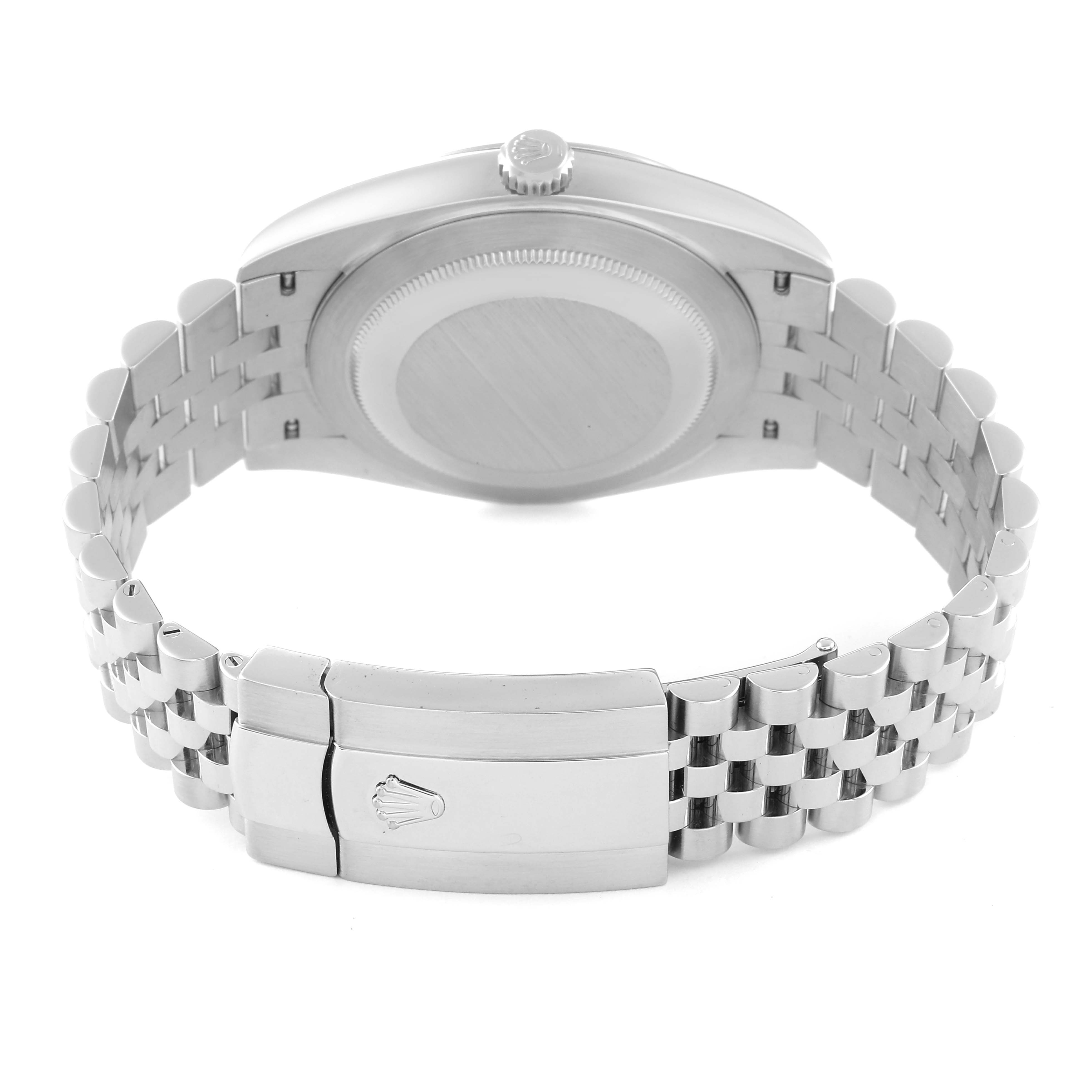 This image shows the Rolex Datejust 41 126300 Men's Stainless Steel Blue Dial 126300 Men's Stainless Steel Blue Dial from the back, highlighting the bracelet and clasp.