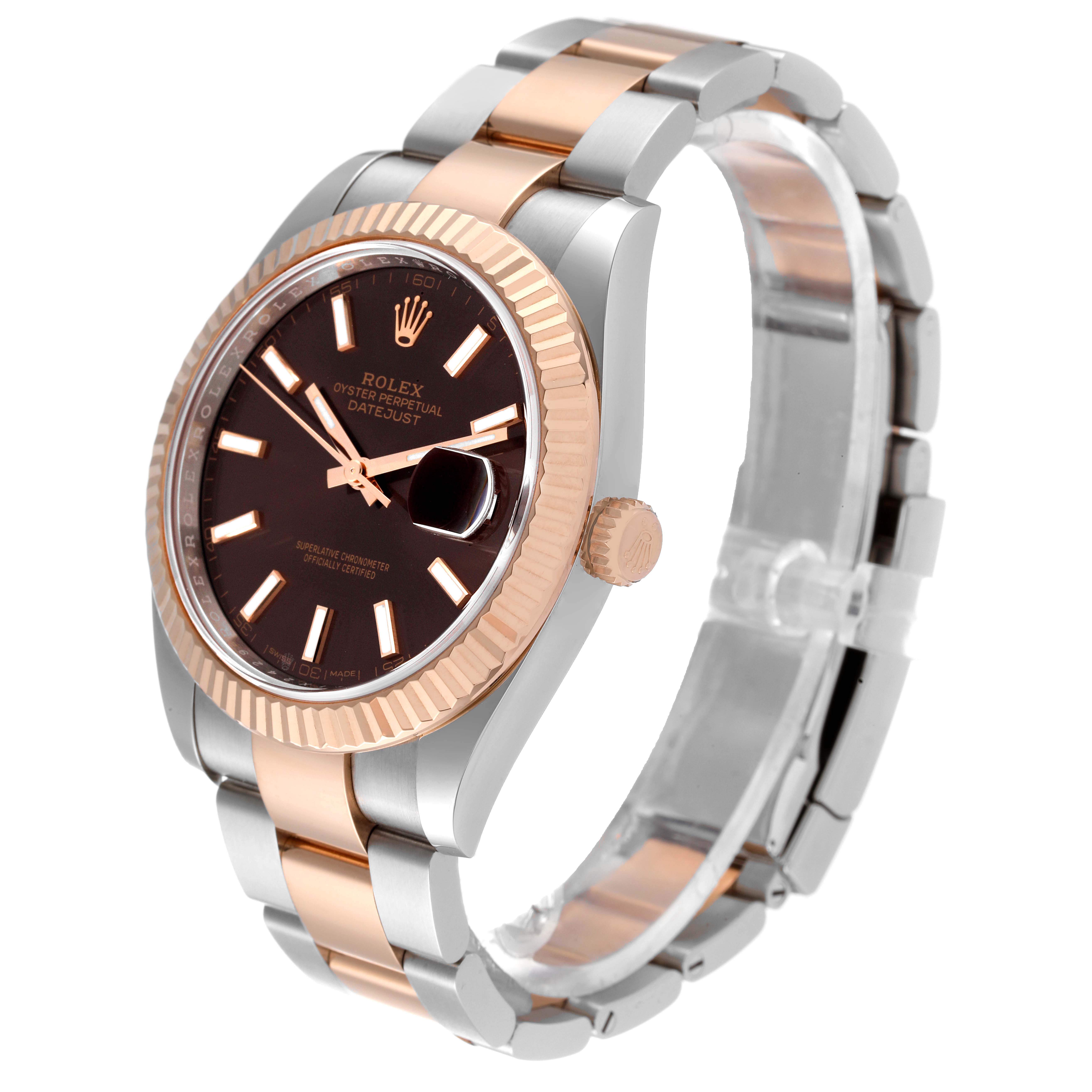 This image shows a Rolex Datejust 41 126331 Men's Steel and Gold (two tone) Brown Dial 126331 Men's Steel and Gold (two tone) Brown Dial watch at a three-quarter angle, highlighting its two-tone bracelet, bezel, and dark dial.