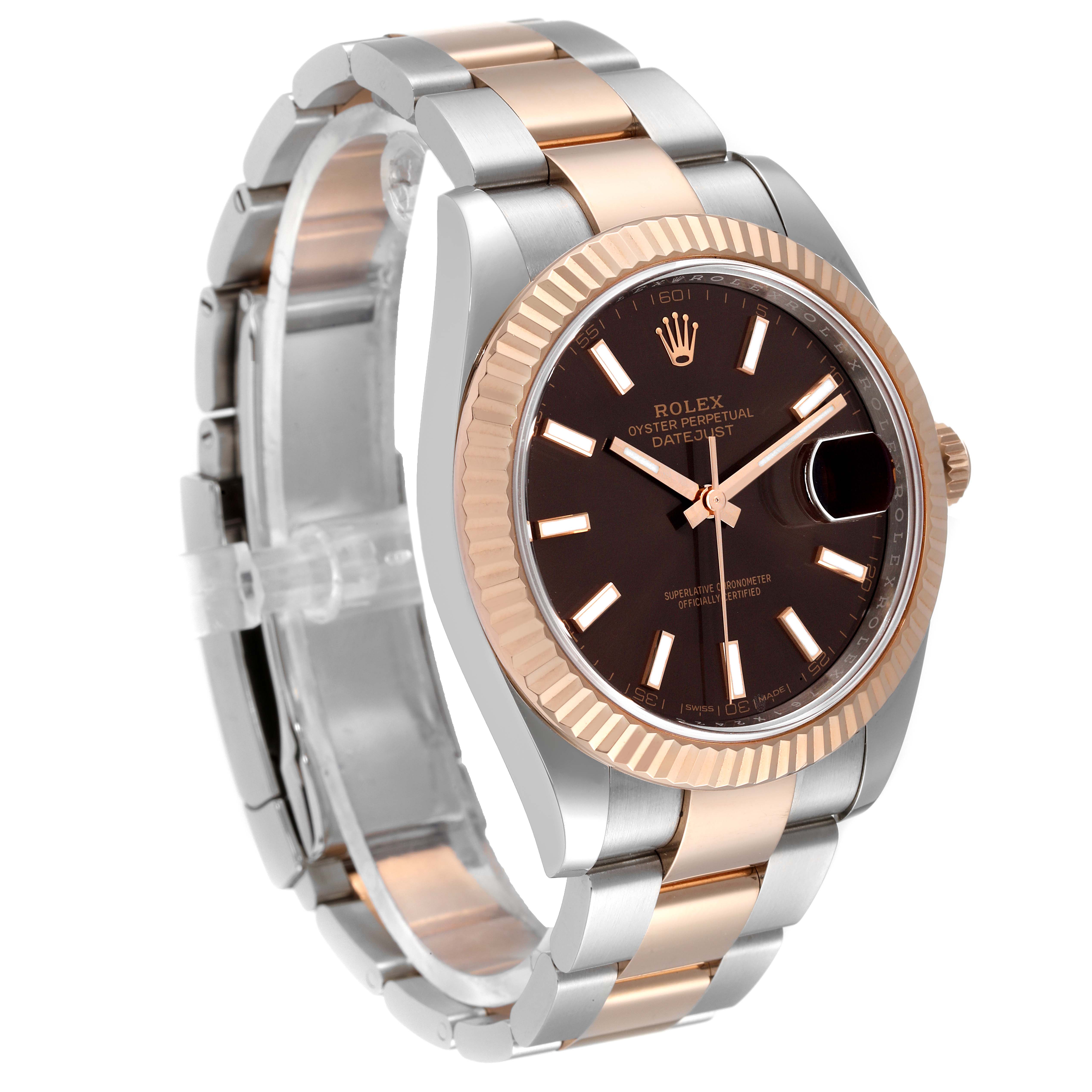 The image shows a Rolex Datejust 41 126331 Men's Steel and Gold (two tone) Brown Dial 126331 Men's Steel and Gold (two tone) Brown Dial watch at a front-side angle, highlighting the dial, bezel, and two-tone bracelet.