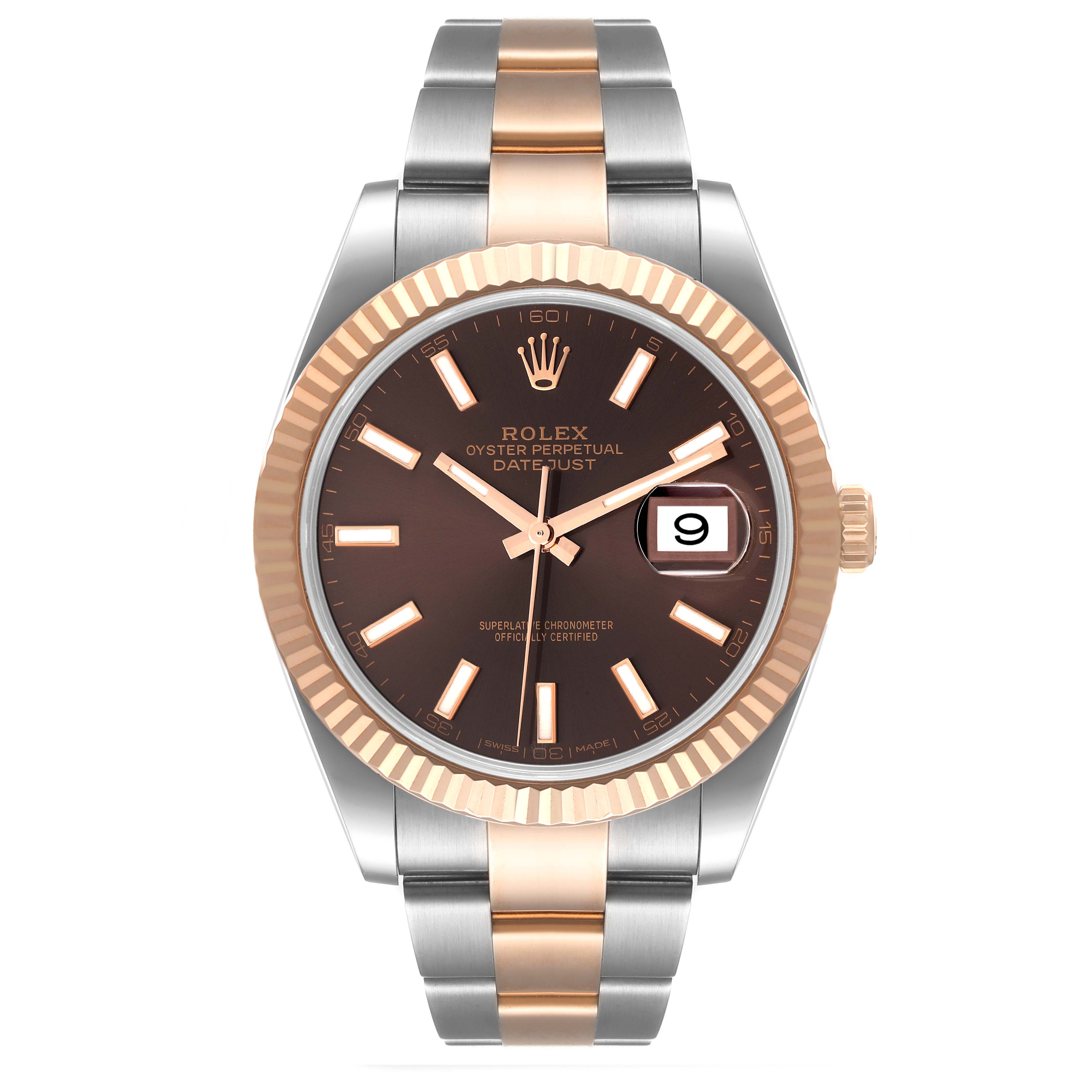 This image shows a Rolex Datejust 41 126331 Men's Steel and Gold (two tone) Brown Dial 126331 Men's Steel and Gold (two tone) Brown Dial watch from the front, featuring a two-tone bracelet, fluted bezel, and date window.