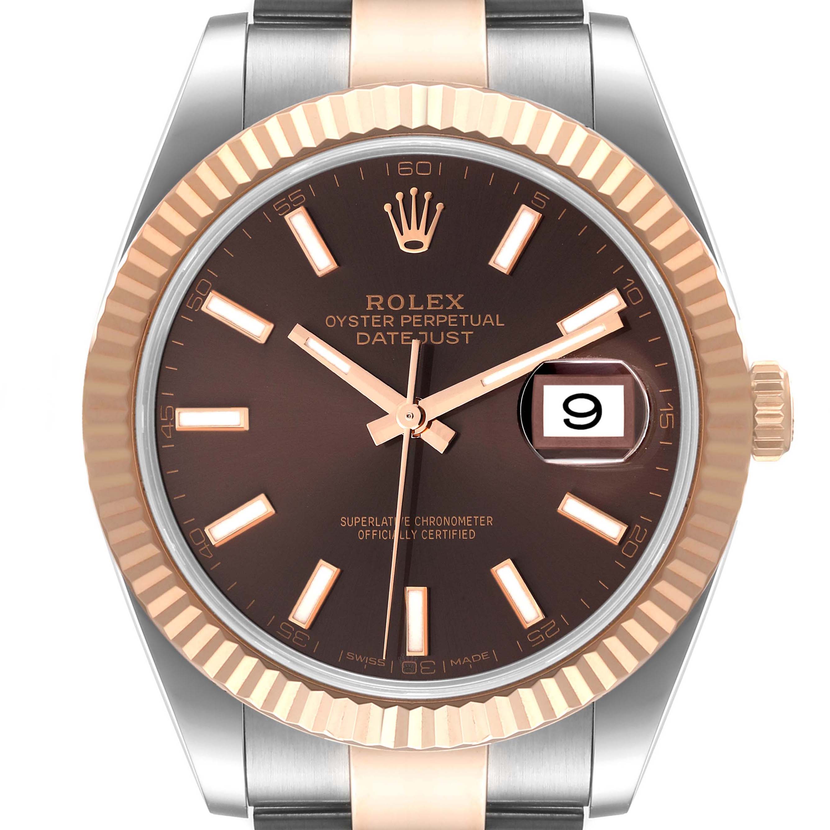 This image shows a front view of a Rolex Datejust 41 126331 Men's Steel and Gold (two tone) Brown Dial 126331 Men's Steel and Gold (two tone) Brown Dial watch, highlighting its dial, bezel, and bracelet.