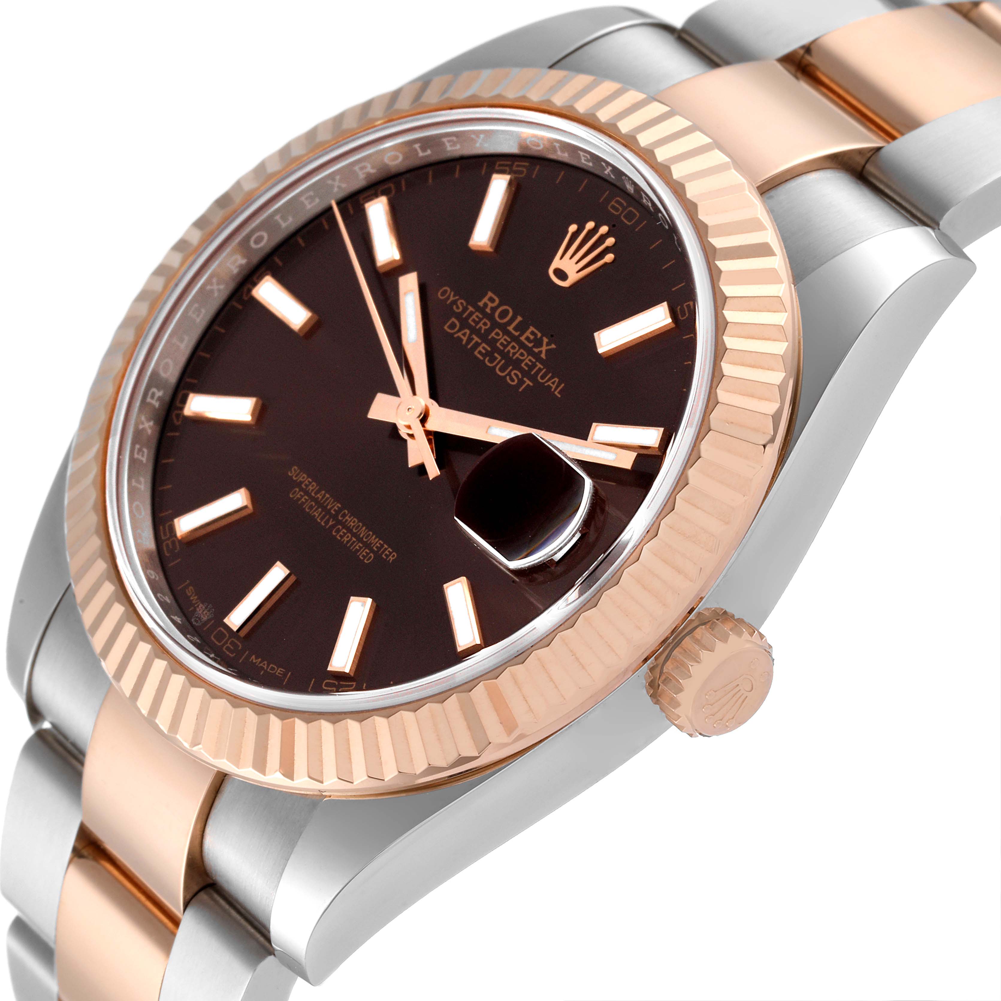 The Rolex Datejust 41 126331 Men's Steel and Gold (two tone) Brown Dial 126331 Men's Steel and Gold (two tone) Brown Dial watch is shown at an angled close-up, highlighting the dial, bezel, crown, and part of the bracelet.