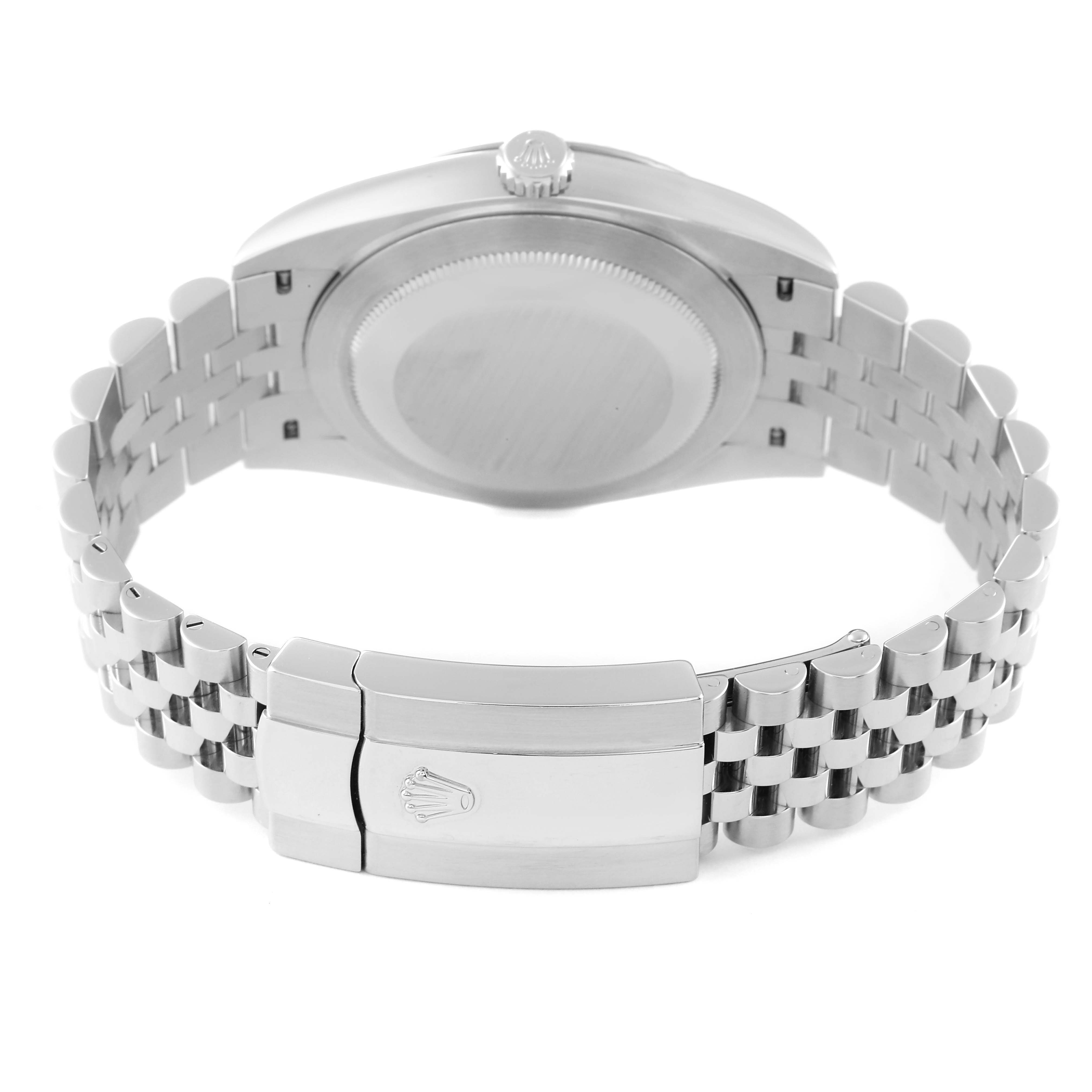 The image shows the back case, crown, and clasp of a Rolex Datejust 41 126334 Men
s Stainless Steel Blue Dial 126334 Men
s Stainless Steel Blue Dial, viewed from the back.