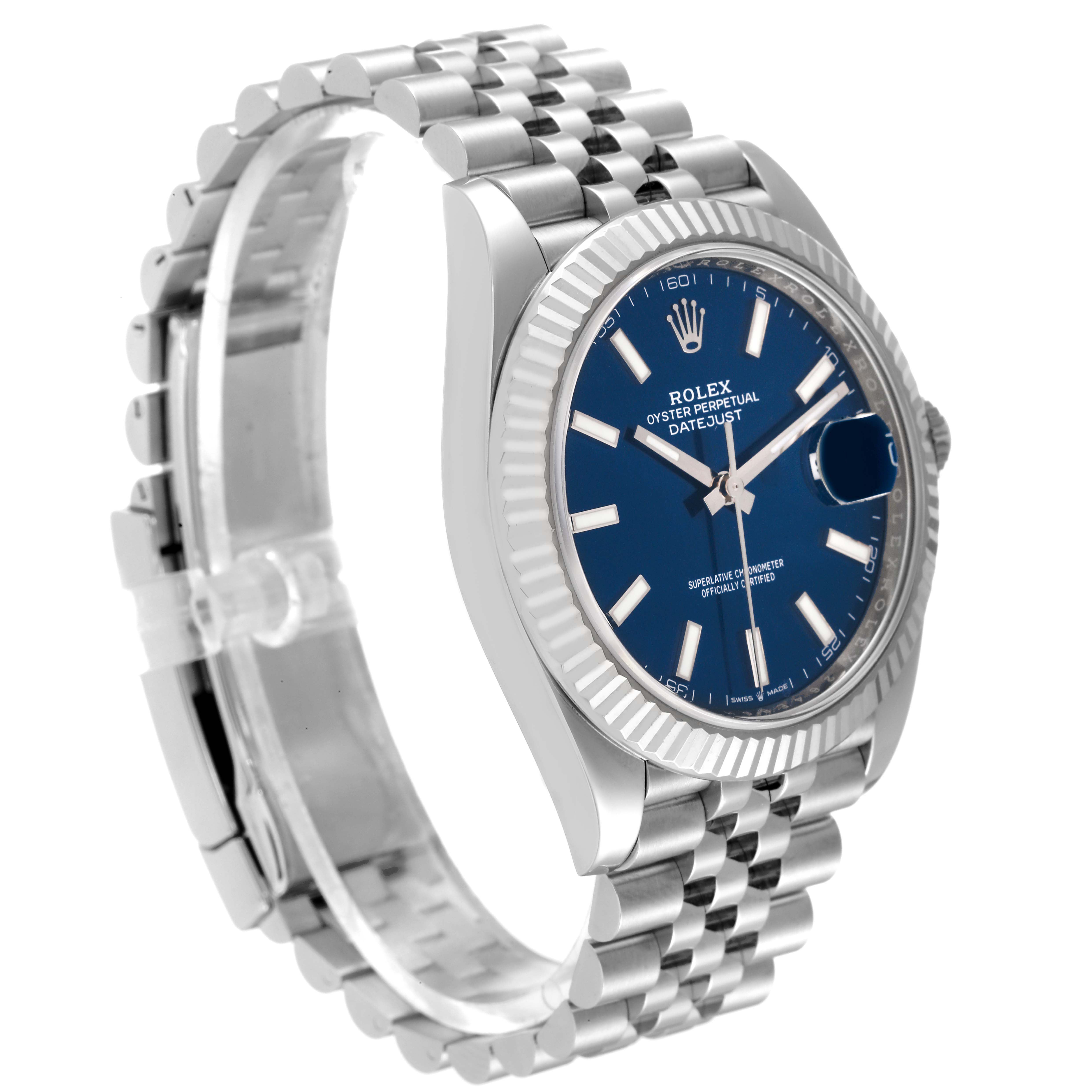 The Rolex Datejust 41 126334 Men
s Stainless Steel Blue Dial 126334 Men
s Stainless Steel Blue Dial watch is shown at a slight angle, displaying its blue dial, fluted bezel, and metal bracelet.