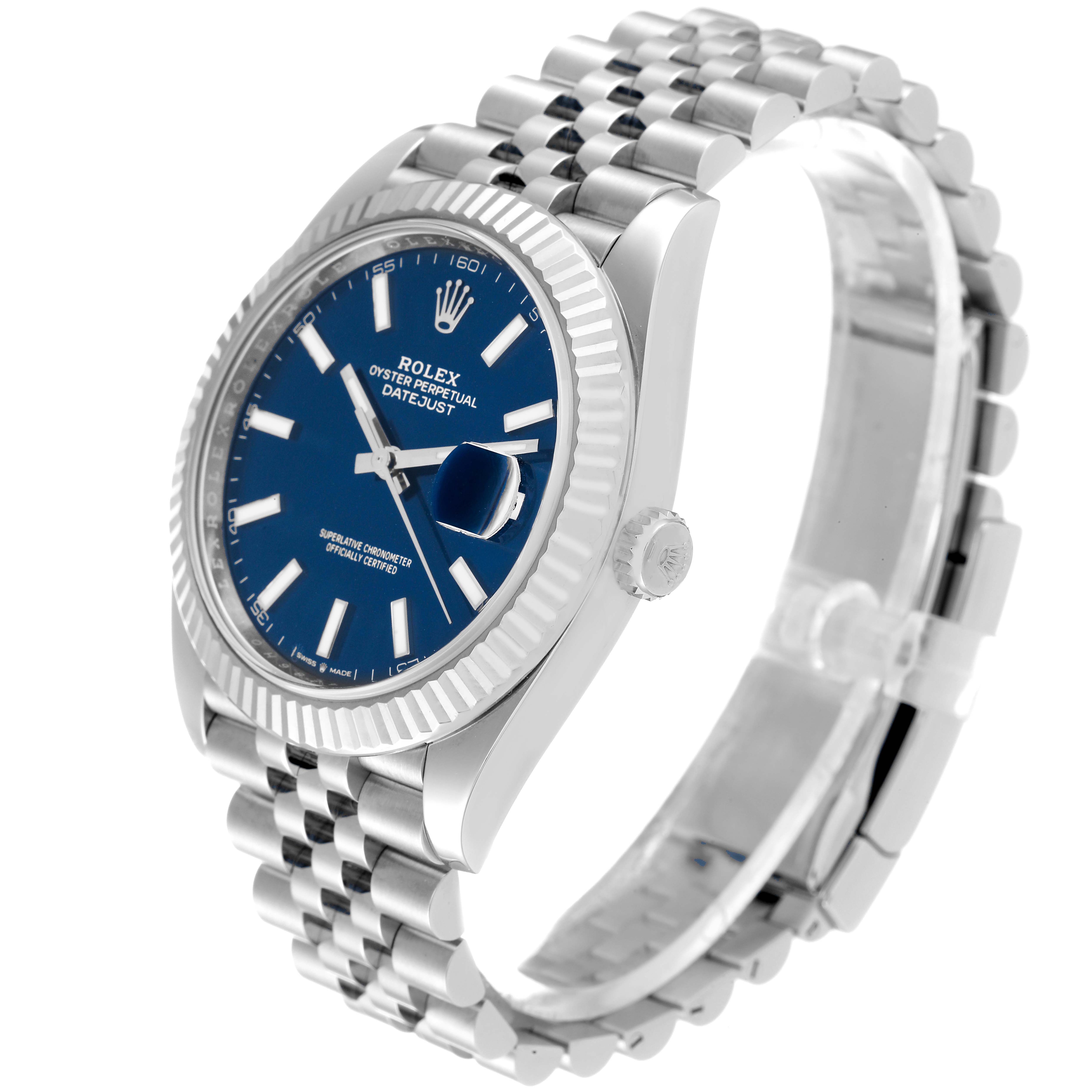 The image shows a side angle of a Rolex Datejust 41 126334 Men
s Stainless Steel Blue Dial 126334 Men
s Stainless Steel Blue Dial watch highlighting the blue dial, fluted bezel, and Jubilee bracelet.