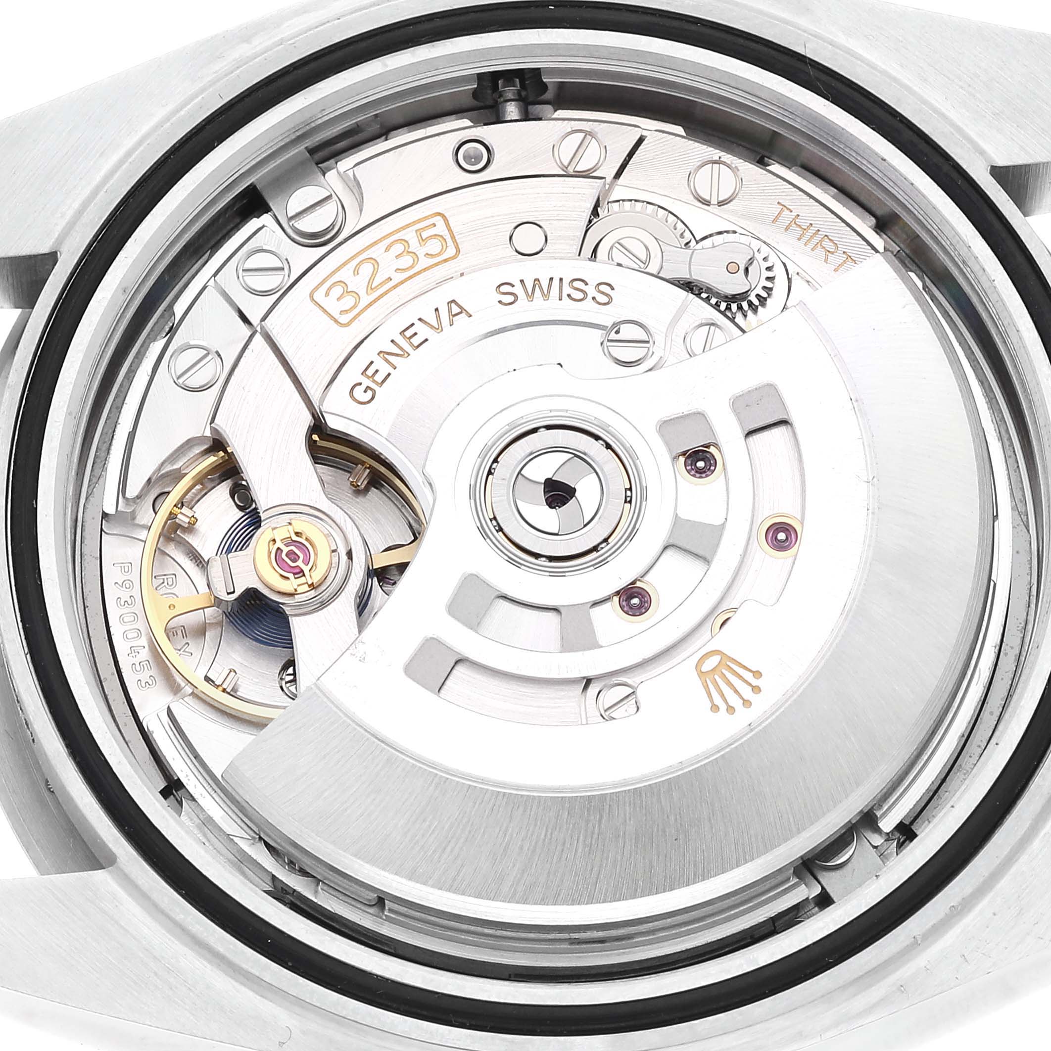 The image shows the internal movement mechanism of a Rolex Datejust 41 126334 Men
s Stainless Steel Blue Dial 126334 Men
s Stainless Steel Blue Dial watch, specifically the caliber 3235.