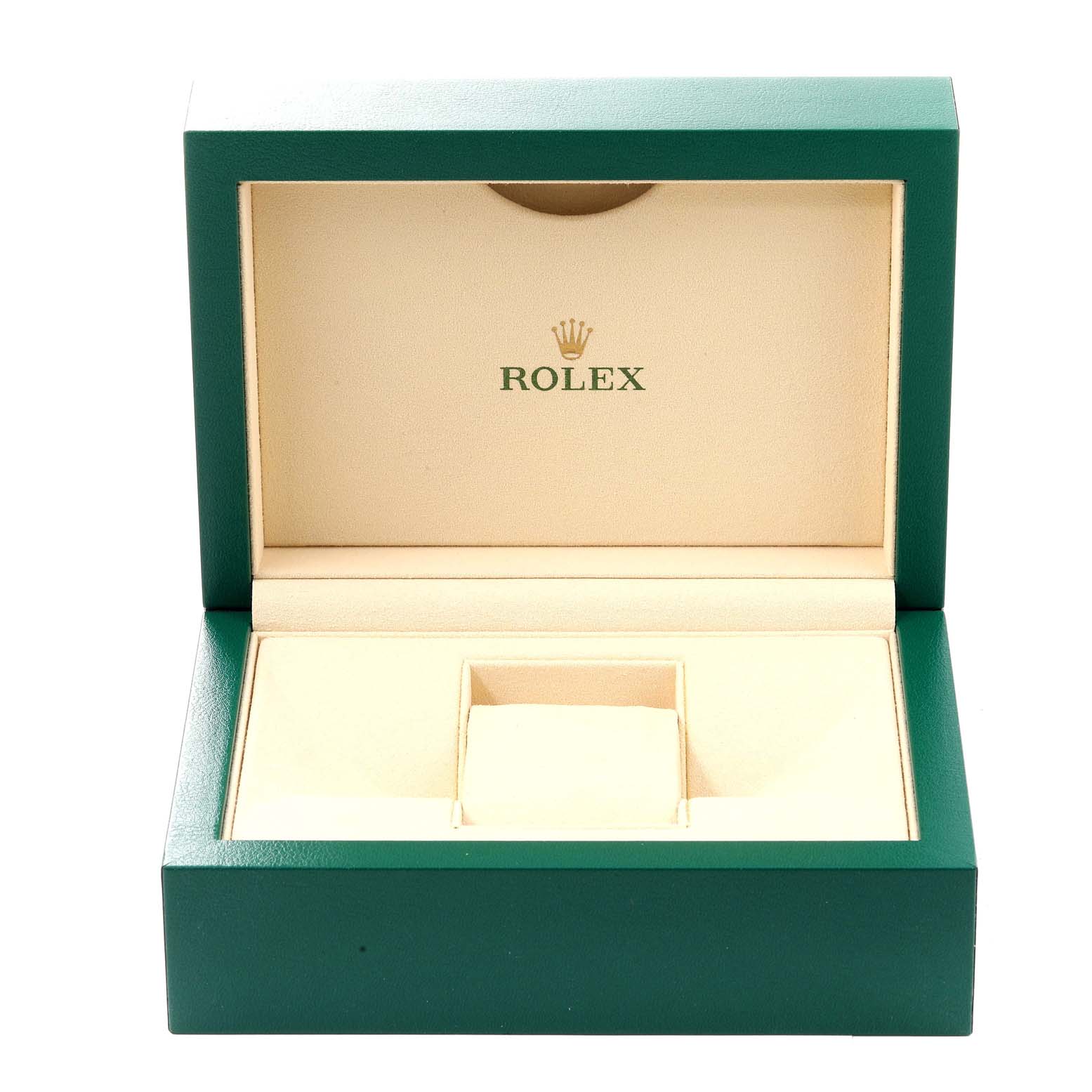 The image shows an empty green and beige Rolex box for the Datejust 41 model.