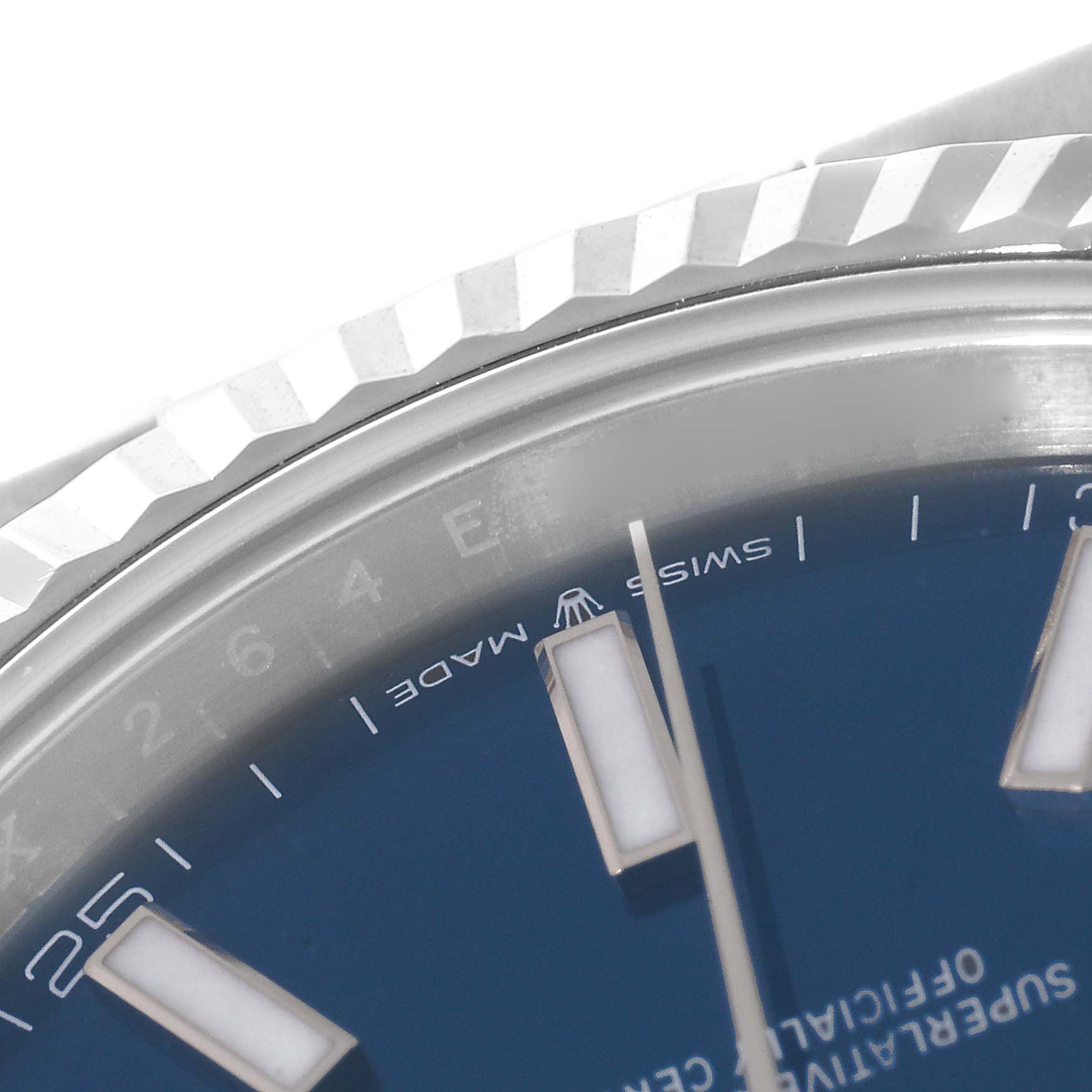The image shows a close-up of the bezel, partially visible dial, and hour markers of the Rolex Datejust 41 126334 Men
s Stainless Steel Blue Dial 126334 Men
s Stainless Steel Blue Dial watch.
