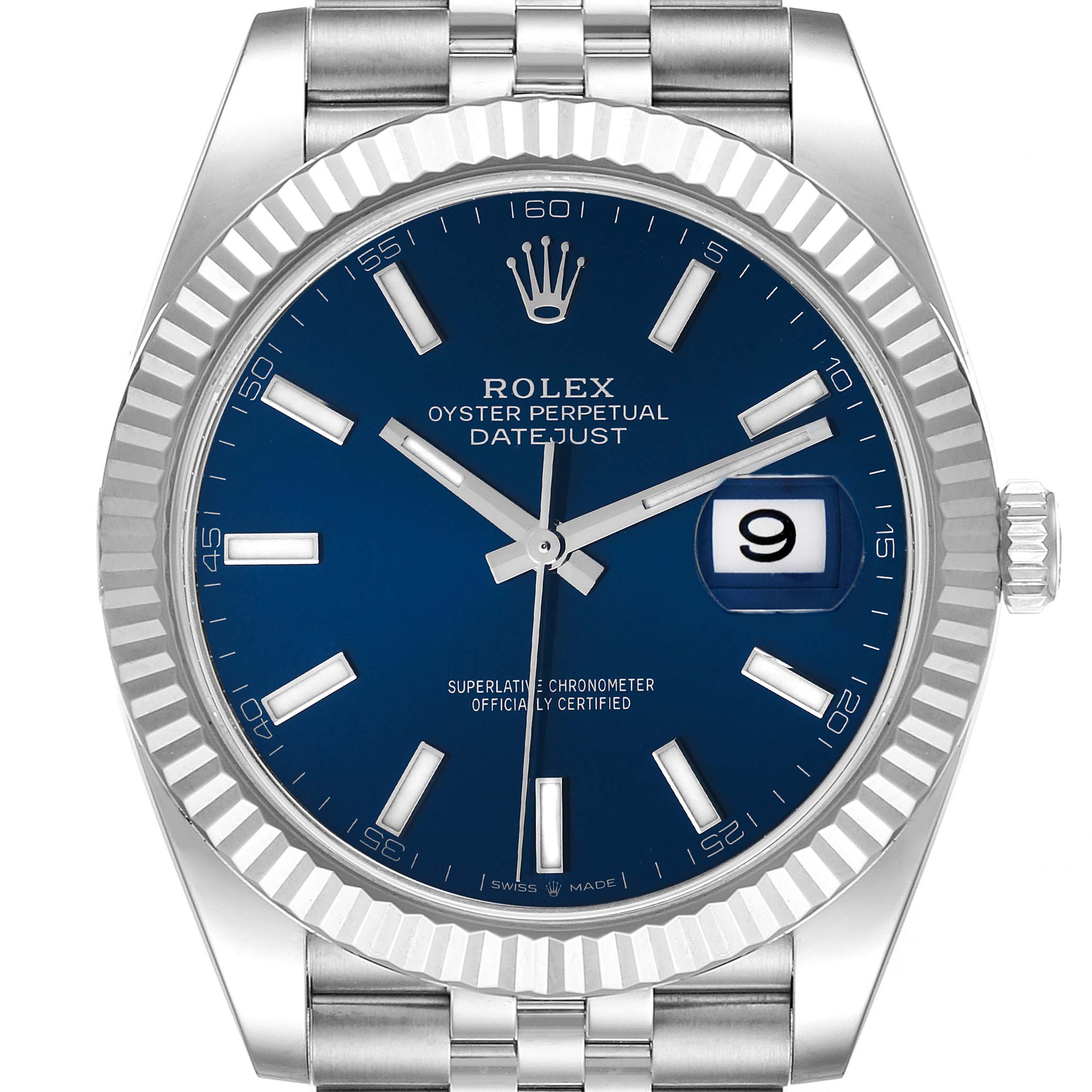 The image shows a front view of the Rolex Datejust 41 126334 Men
s Stainless Steel Blue Dial 126334 Men
s Stainless Steel Blue Dial watch, highlighting the blue dial, date window, fluted bezel, and bracelet.