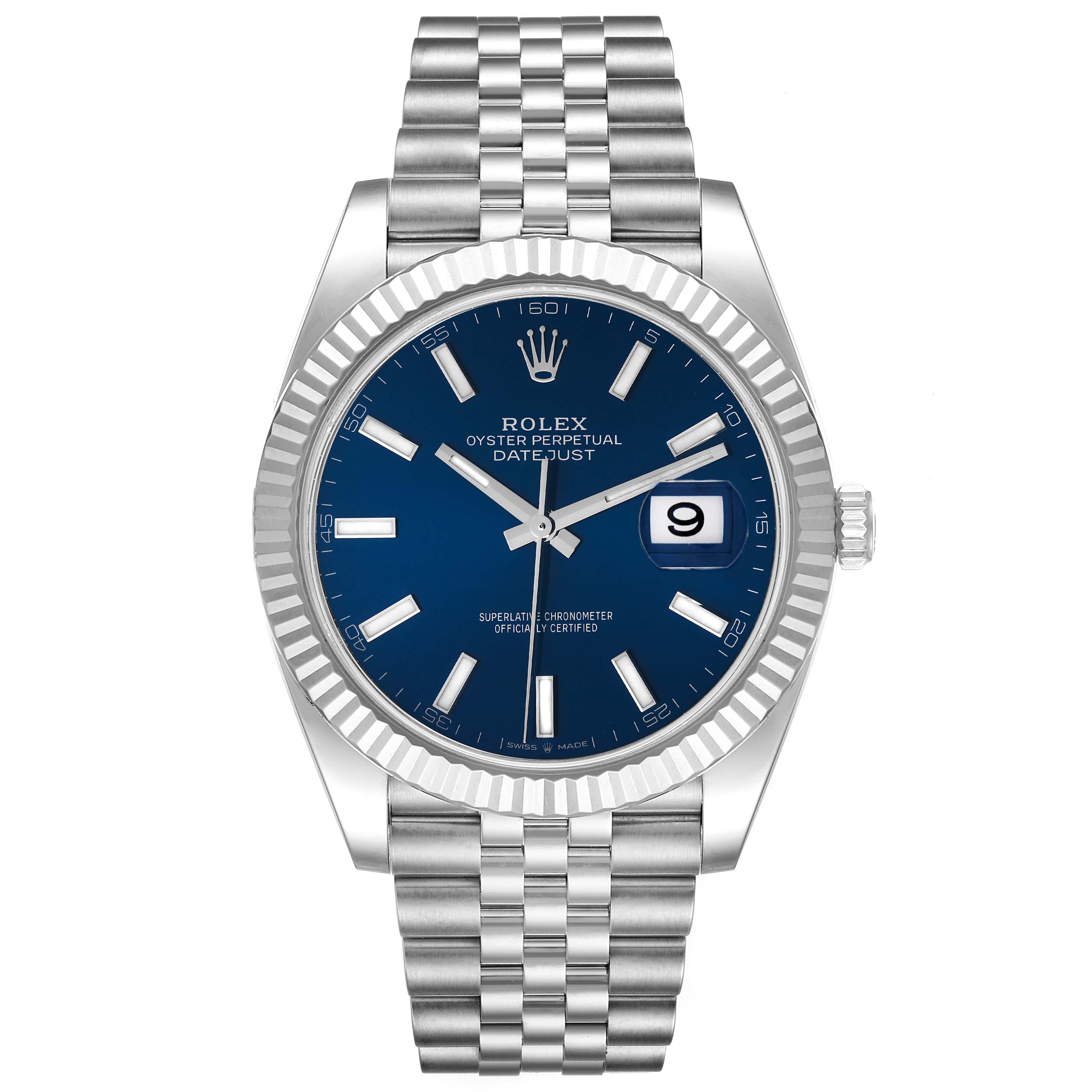 The Rolex Datejust 41 126334 Men
s Stainless Steel Blue Dial 126334 Men
s Stainless Steel Blue Dial watch is shown from a front angle, highlighting its blue dial, fluted bezel, date window, and Jubilee bracelet.