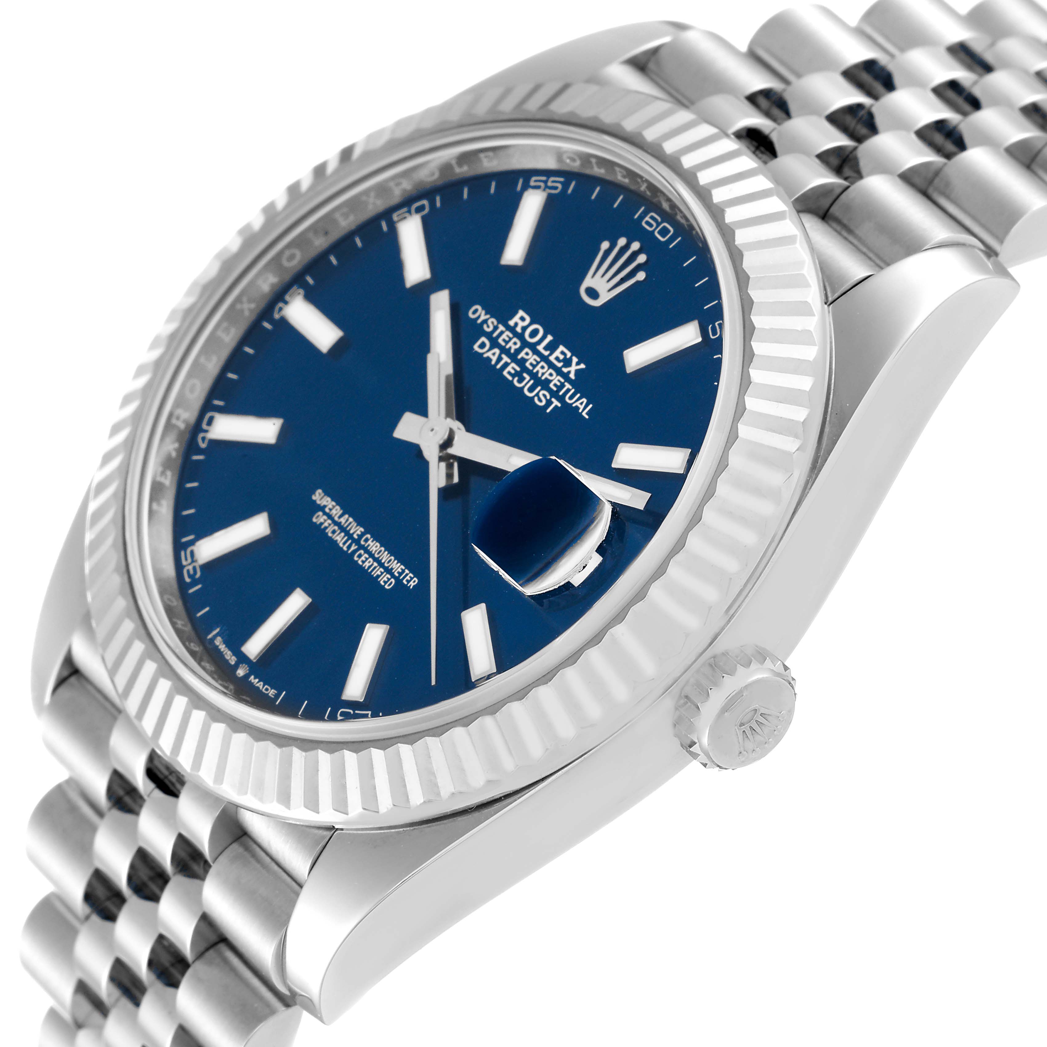 The image shows a Rolex Datejust 41 126334 Men
s Stainless Steel Blue Dial 126334 Men
s Stainless Steel Blue Dial watch at an angle, highlighting its blue dial, fluted bezel, and Jubilee bracelet.
