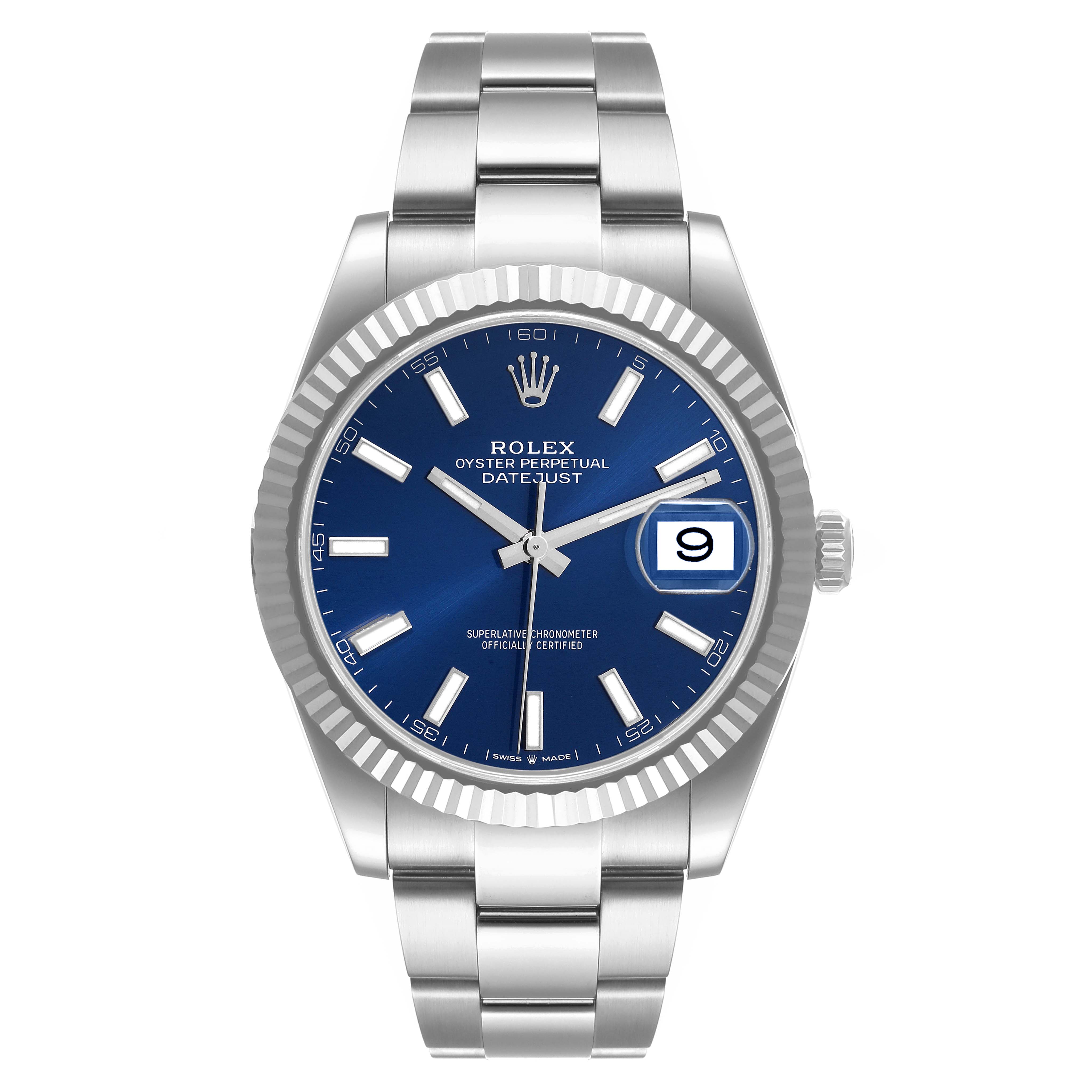 The image shows a front view of the Rolex Datejust 41 126334 Men's Stainless Steel Blue Dial 126334 Men's Stainless Steel Blue Dial watch with a blue dial and silver bracelet.