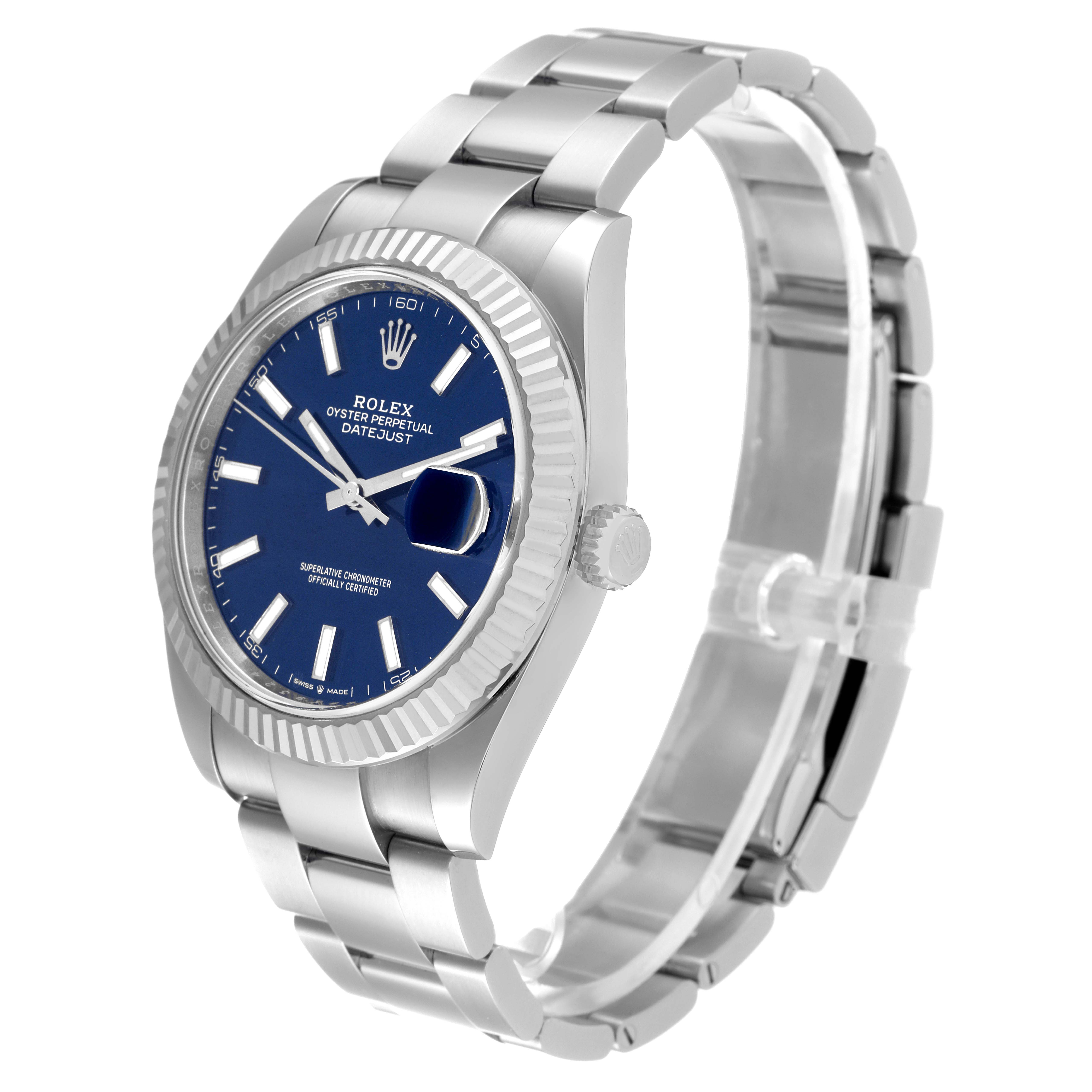 The Rolex Datejust 41 126334 Men's Stainless Steel Blue Dial 126334 Men's Stainless Steel Blue Dial watch is shown from an angled side view, highlighting its blue dial, fluted bezel, and stainless steel bracelet.