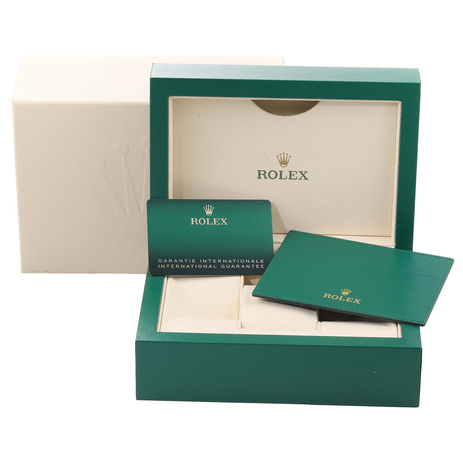 The image shows the packaging for the Rolex Datejust 41 126334 Men's Stainless Steel Blue Dial 126334 Men's Stainless Steel Blue Dial model, including the watch box, outer box, warranty card, and cardholder.