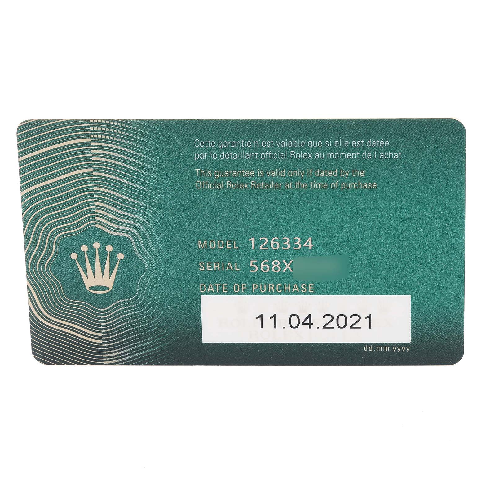 This image shows the warranty card for a Rolex Datejust 41 126334 Men's Stainless Steel Blue Dial 126334 Men's Stainless Steel Blue Dial model, featuring model and serial numbers along with the purchase date.