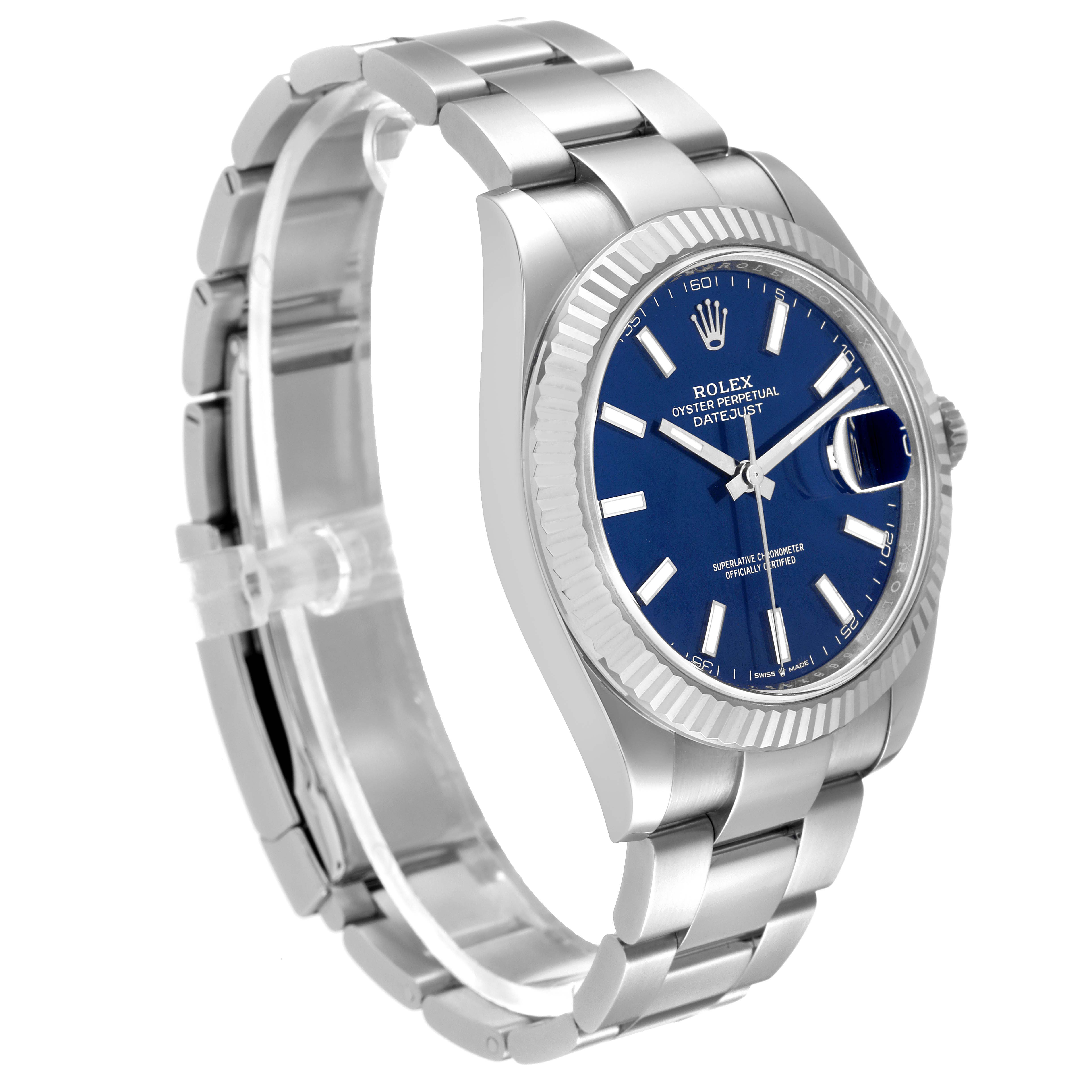 The Rolex Datejust 41 126334 Men's Stainless Steel Blue Dial 126334 Men's Stainless Steel Blue Dial is shown at a three-quarter angle, highlighting its blue dial, fluted bezel, and stainless steel bracelet.