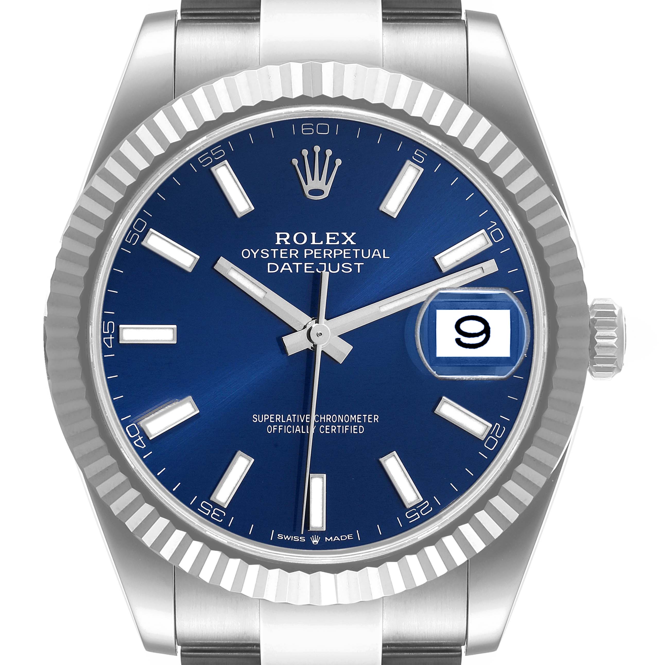 The image shows a front view of the Rolex Datejust 41 126334 Men's Stainless Steel Blue Dial 126334 Men's Stainless Steel Blue Dial watch, highlighting its blue dial, fluted bezel, and date window with a cyclops lens.