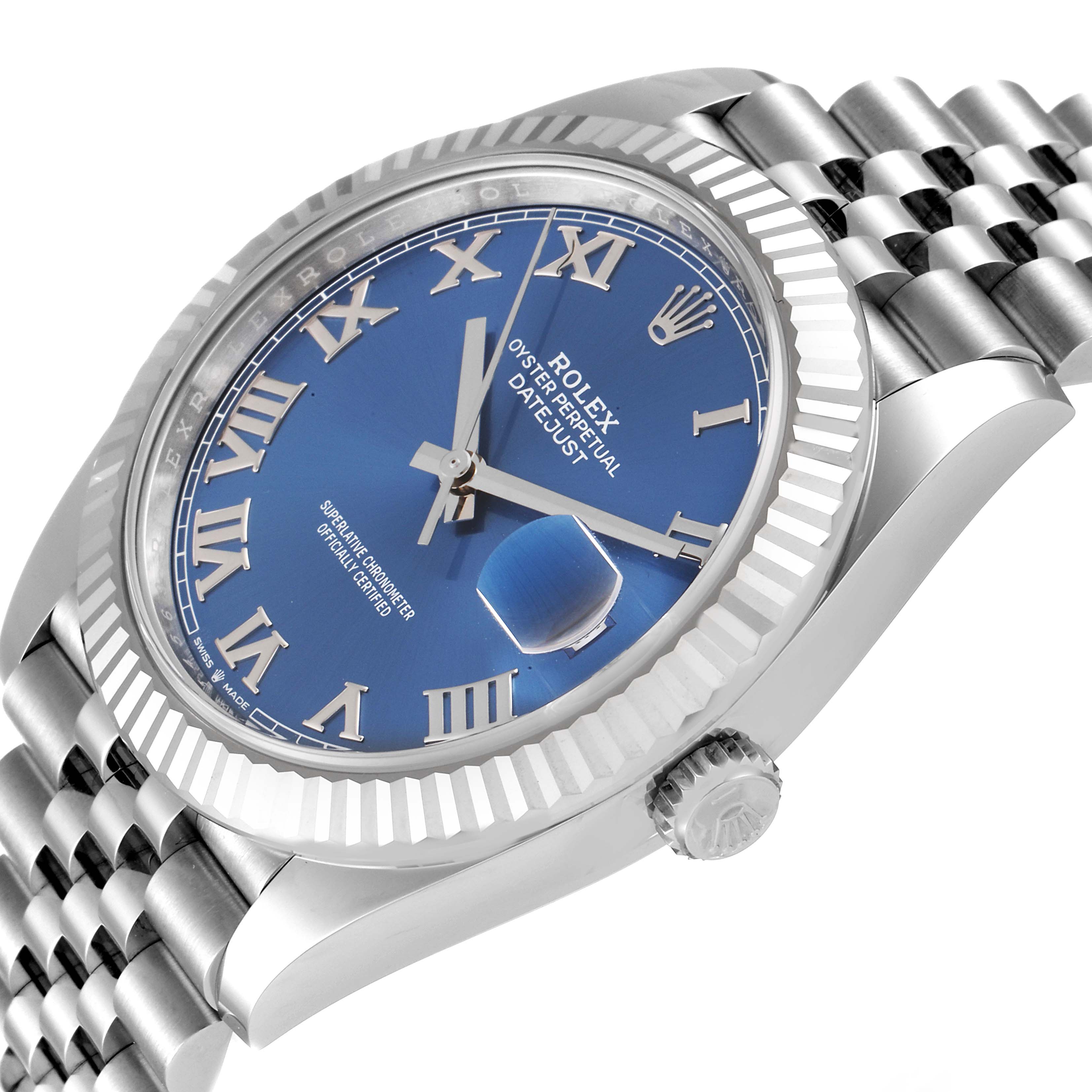 The watch is a Rolex Datejust 41 126334 Men
s Stainless Steel Blue Dial 126334 Men
s Stainless Steel Blue Dial, shown from a slight angle highlighting the dial, bezel, bracelet, and crown.